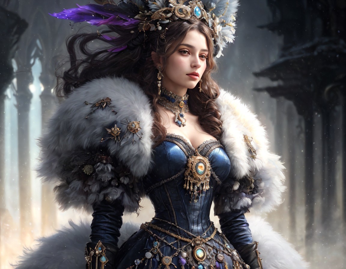 Elegant Woman in Ornate Dress in Misty Forest