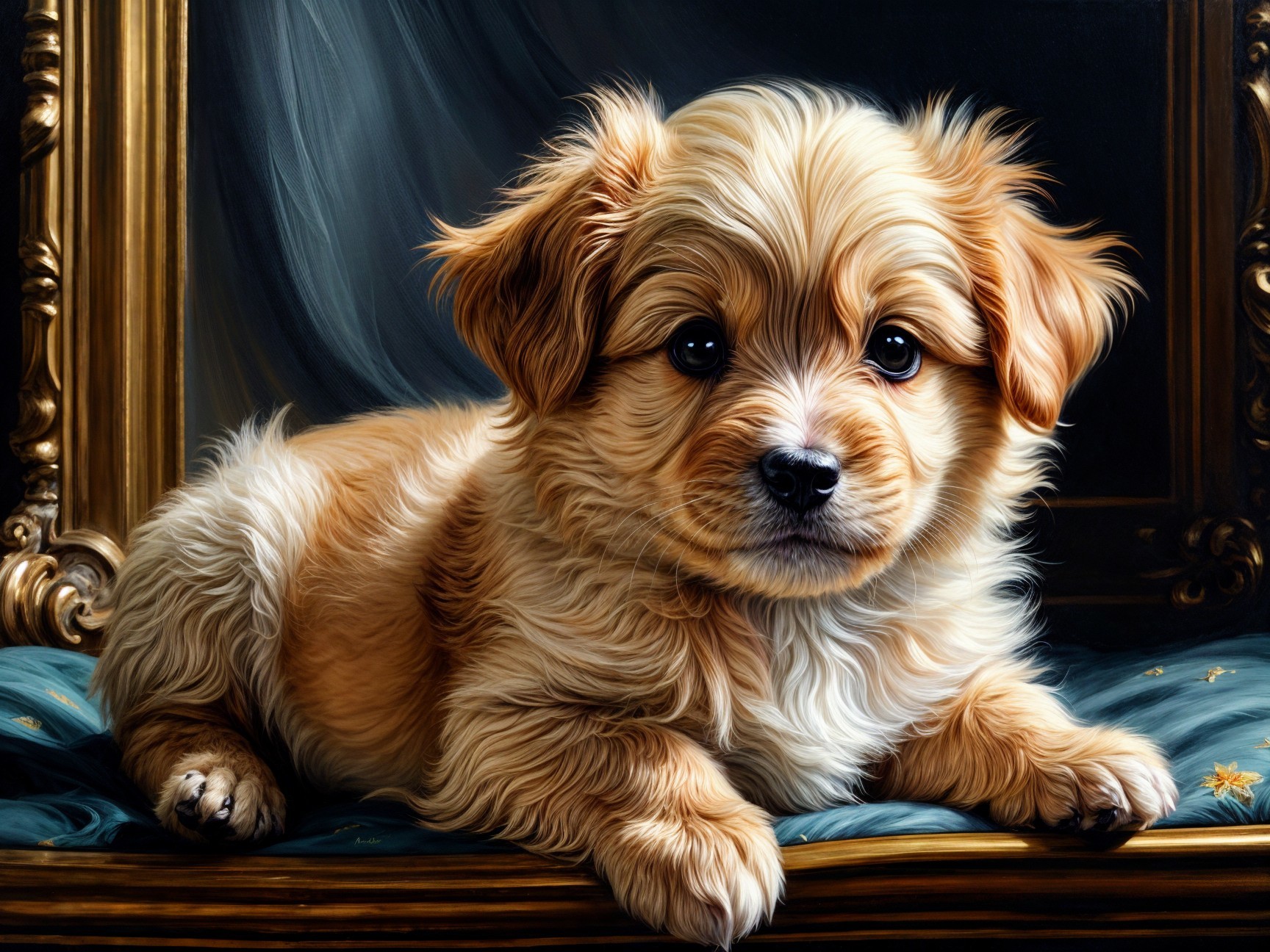 Fluffy Golden Puppy on Plush Teal Surface
