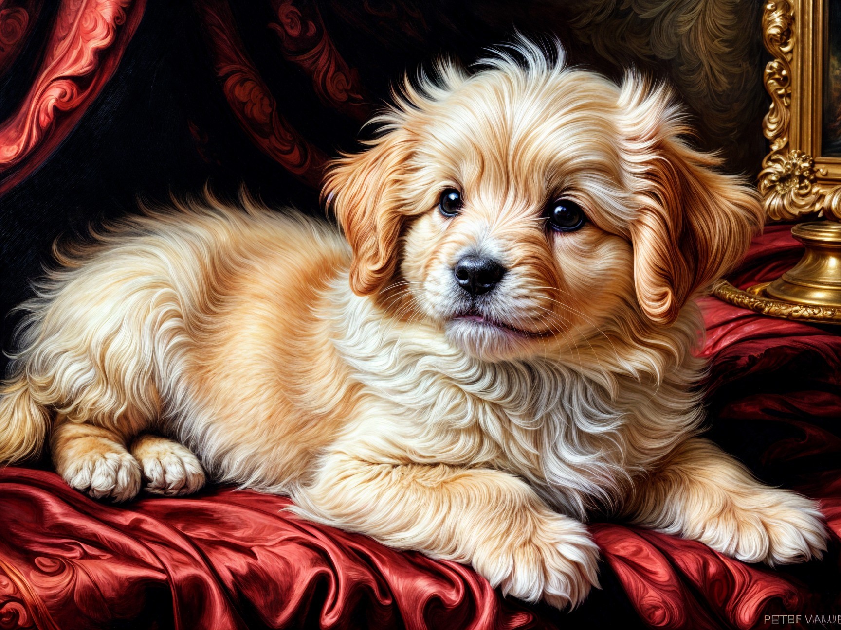 Fluffy Golden Puppy on Red Velvet Surface
