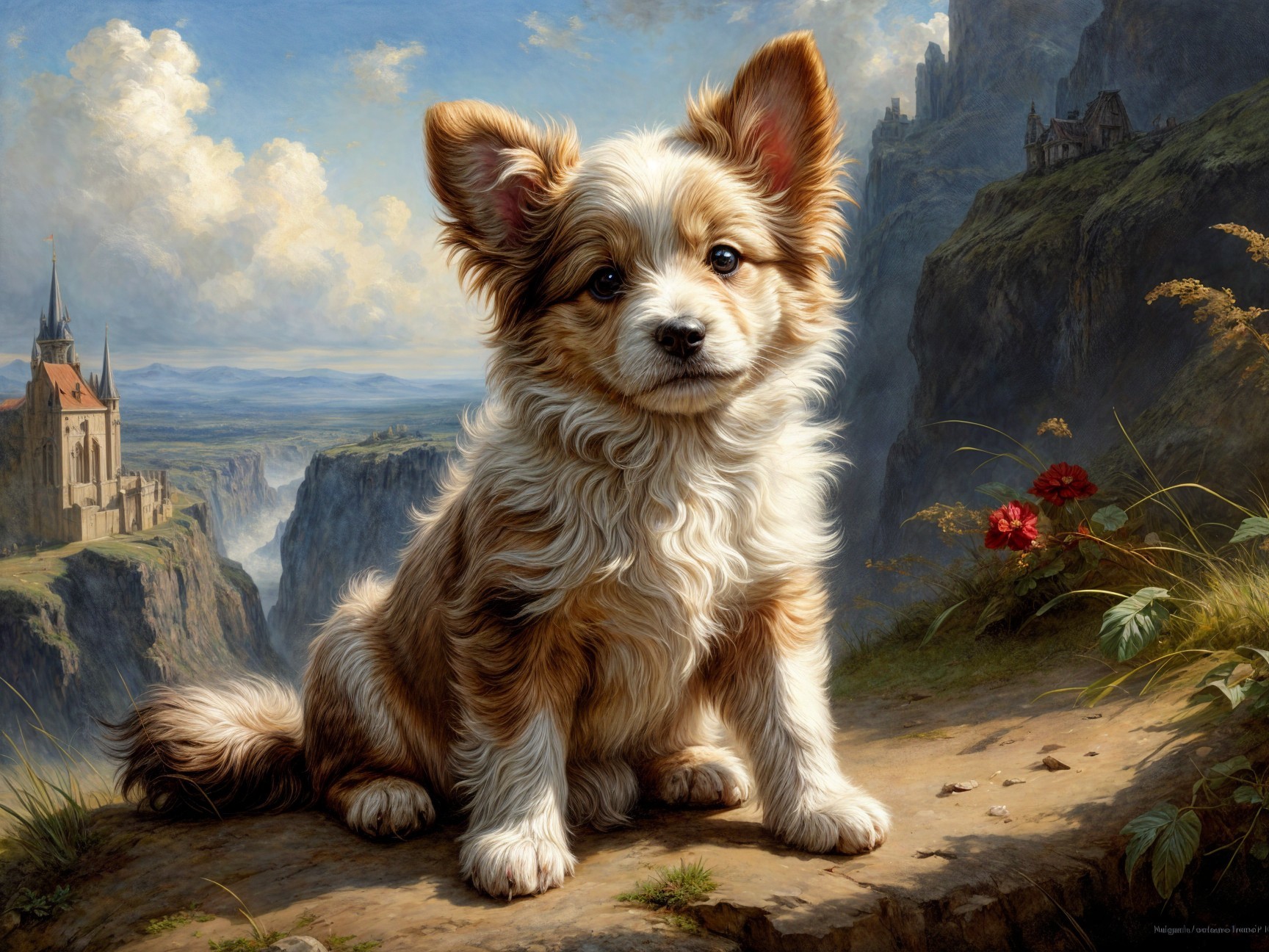 Fluffy Puppy on Rocky Path with Scenic Landscape