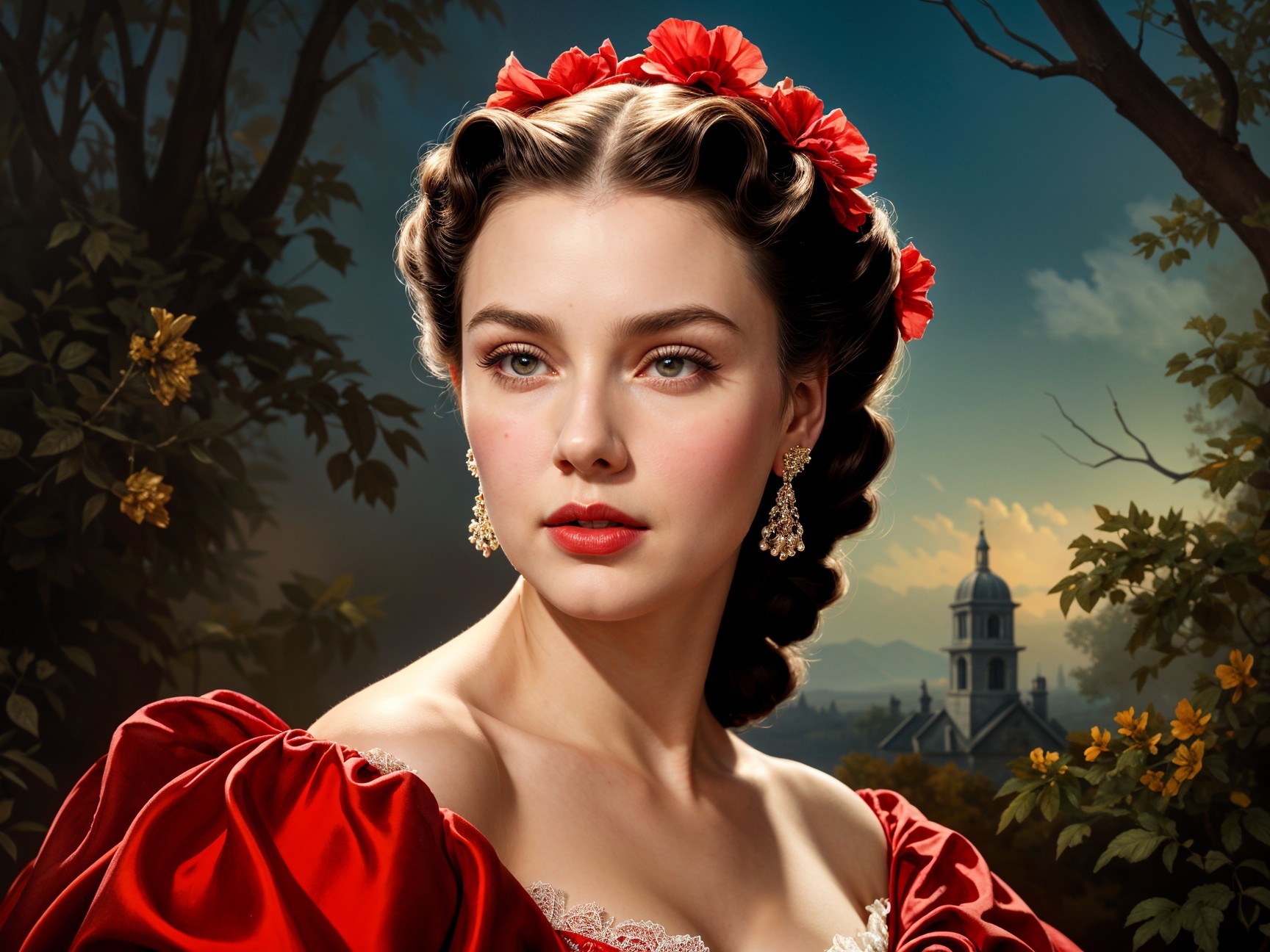 Young woman in red gown with floral accents outdoors