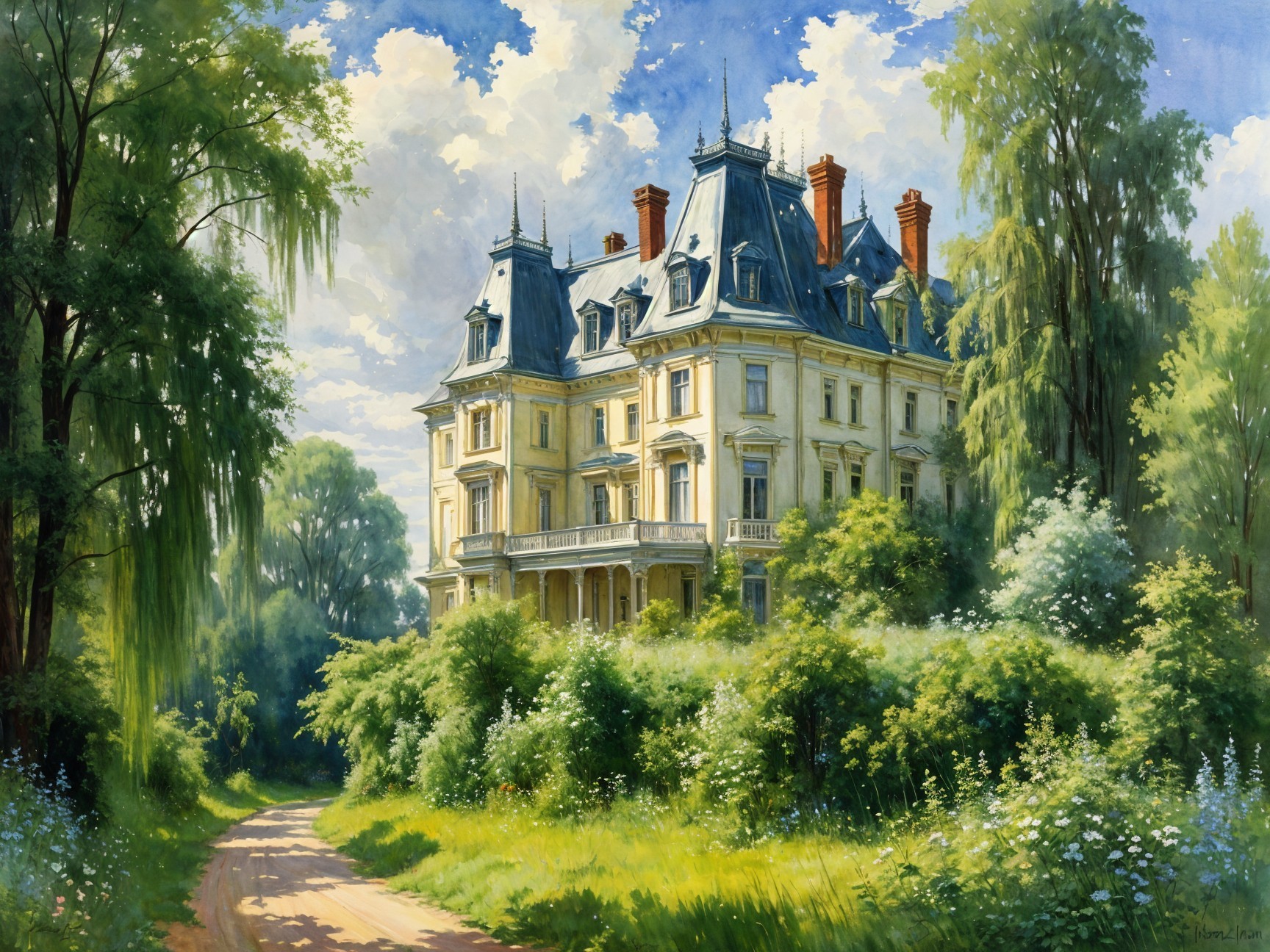 Historical mansion set in lush greenery and wildflowers