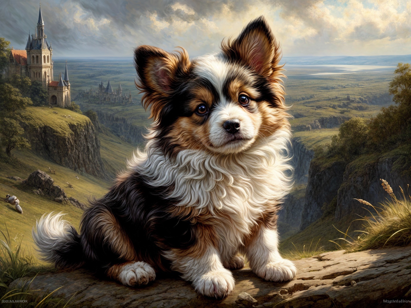 Puppy on Rocky Outcrop Overlooking Scenic Landscape
