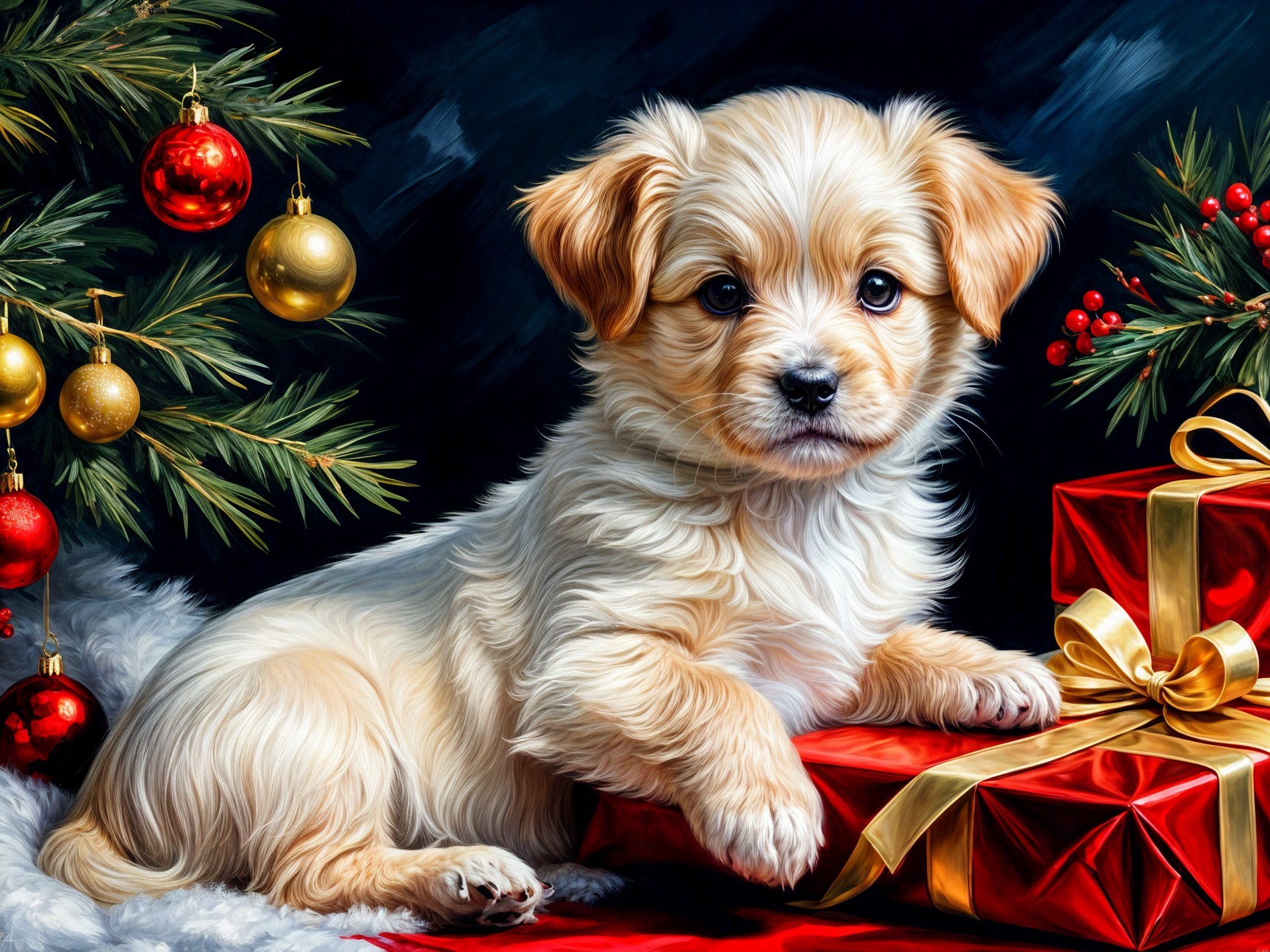 Fluffy Puppy Surrounded by Christmas Decorations
