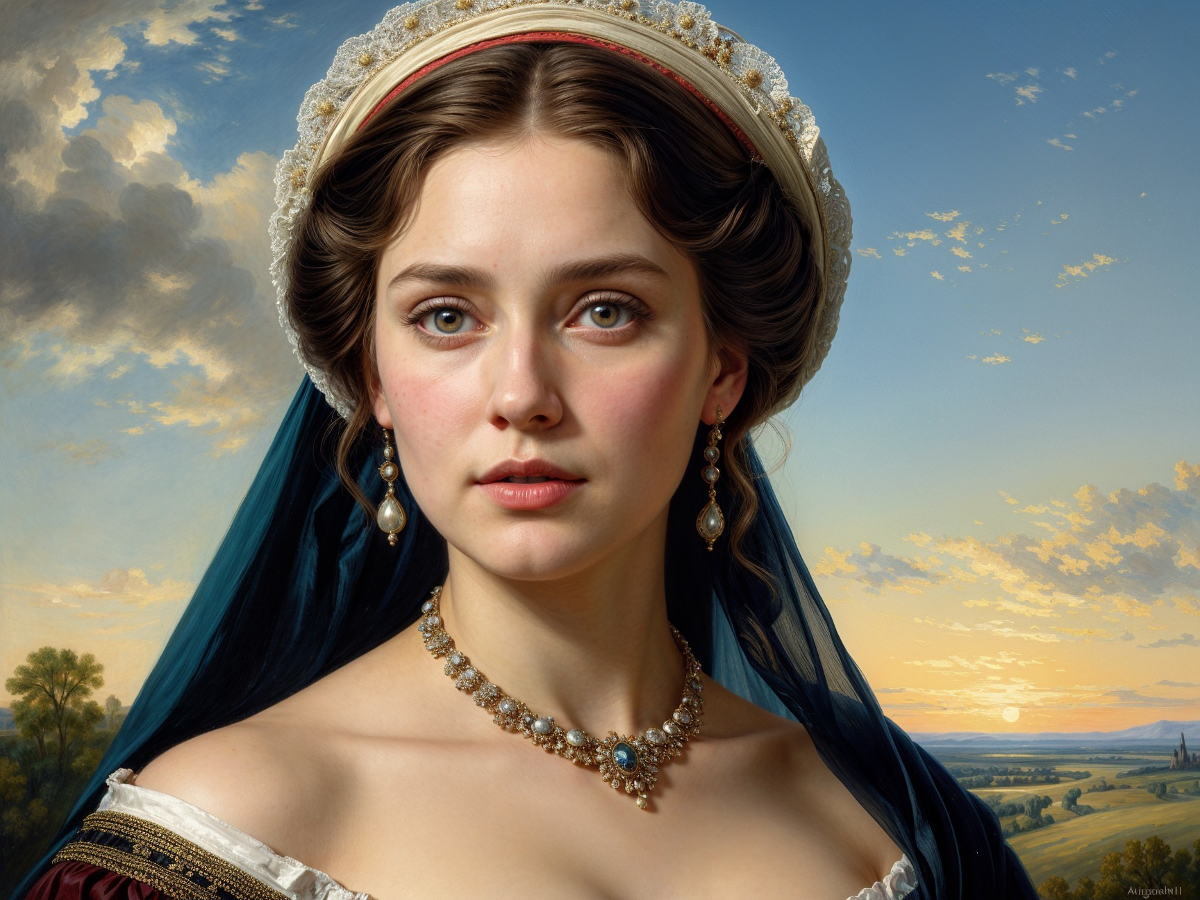 Young woman in gown with jewels in scenic sunset setting