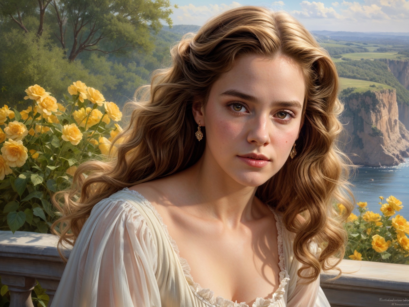 Young woman in sunlit garden with yellow roses
