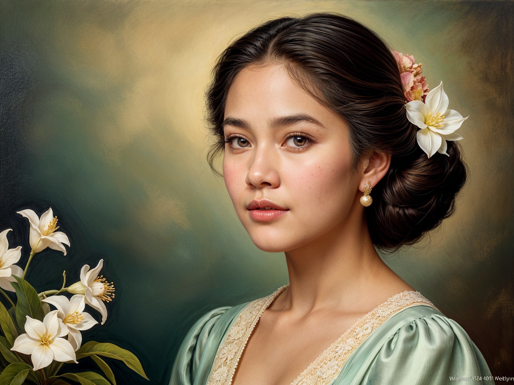 Portrait of a Young Woman in Floral Accents and Green Dress