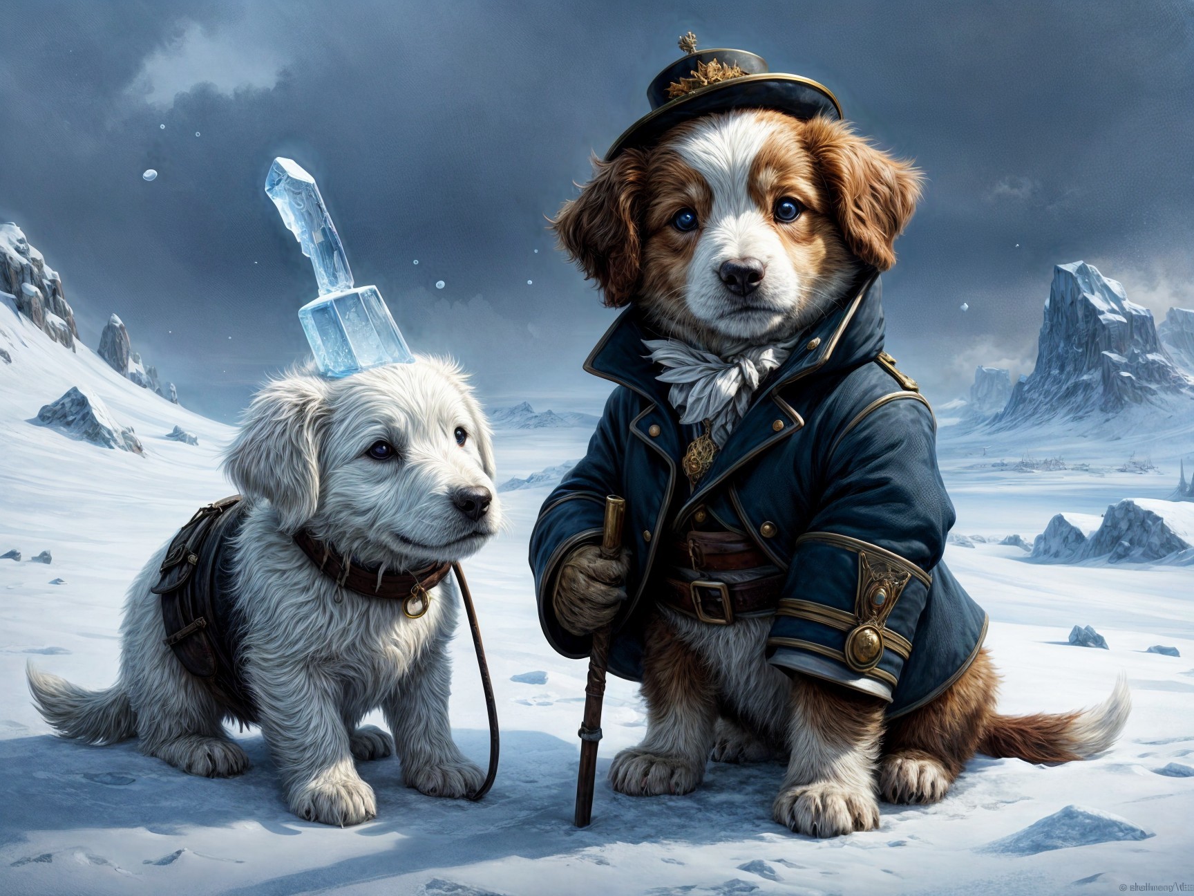 Puppies in Snowy Landscape with Stylish Outfits