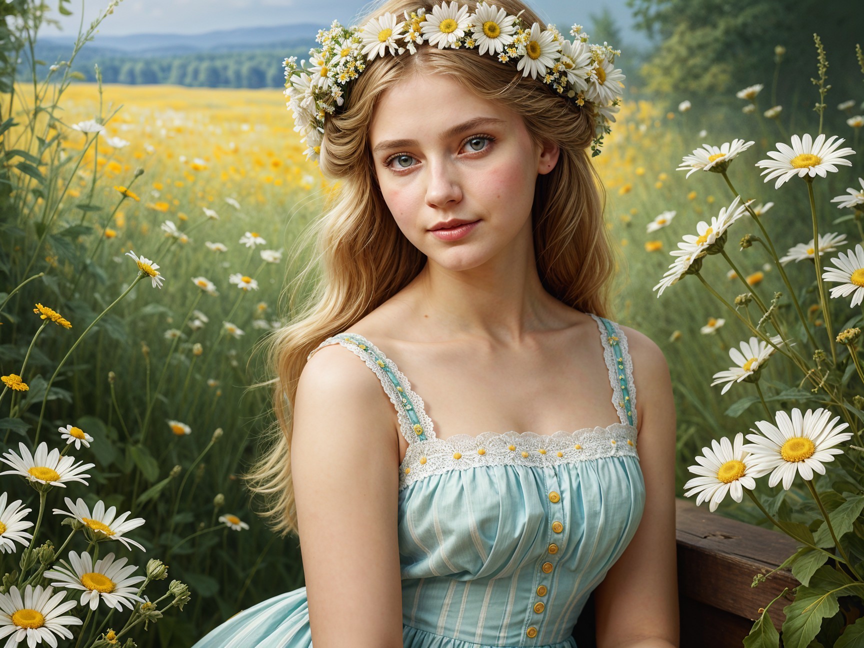 Young woman in blue dress among daisies in a field