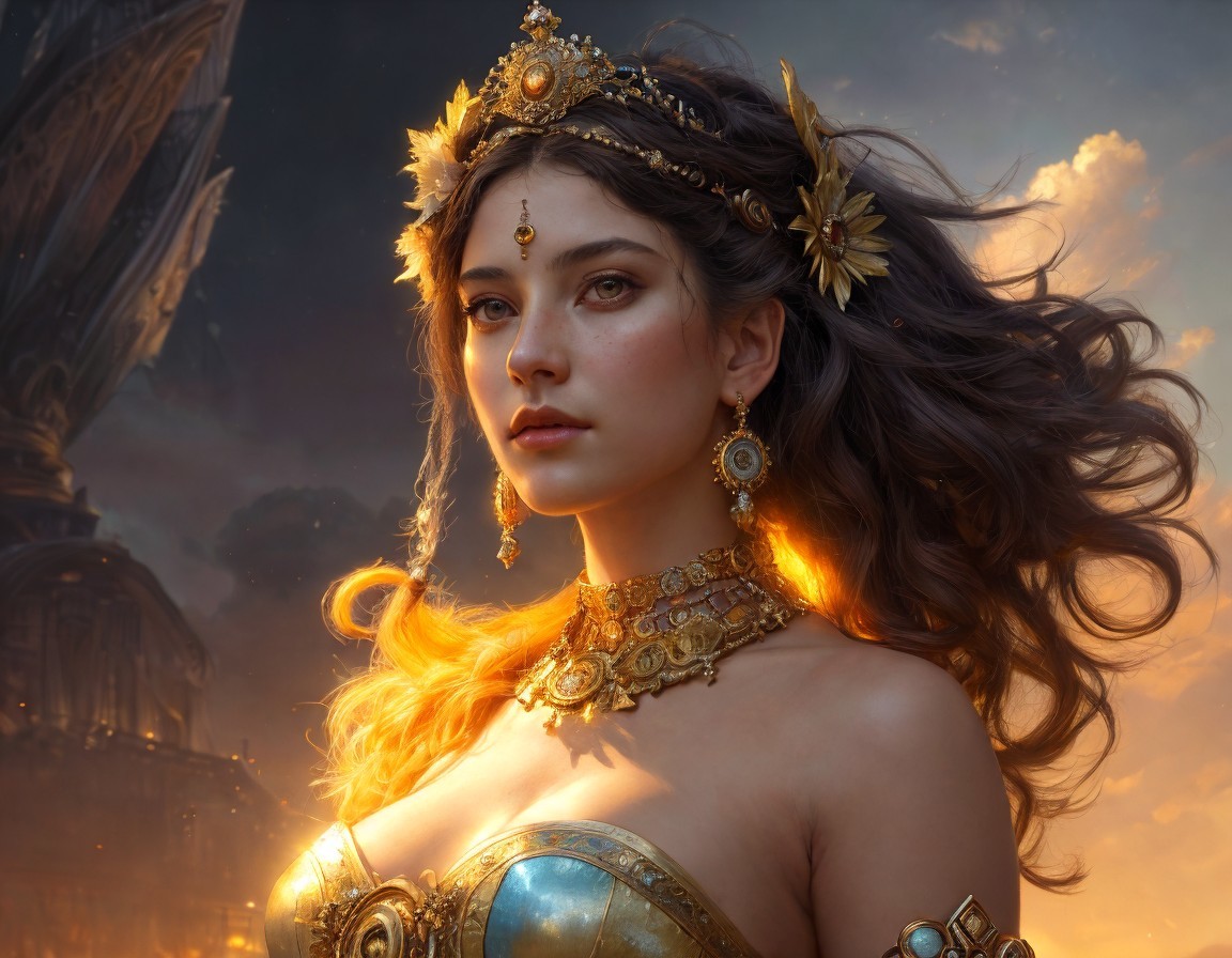 Regal Woman in Golden Jewelry Under Dramatic Sky