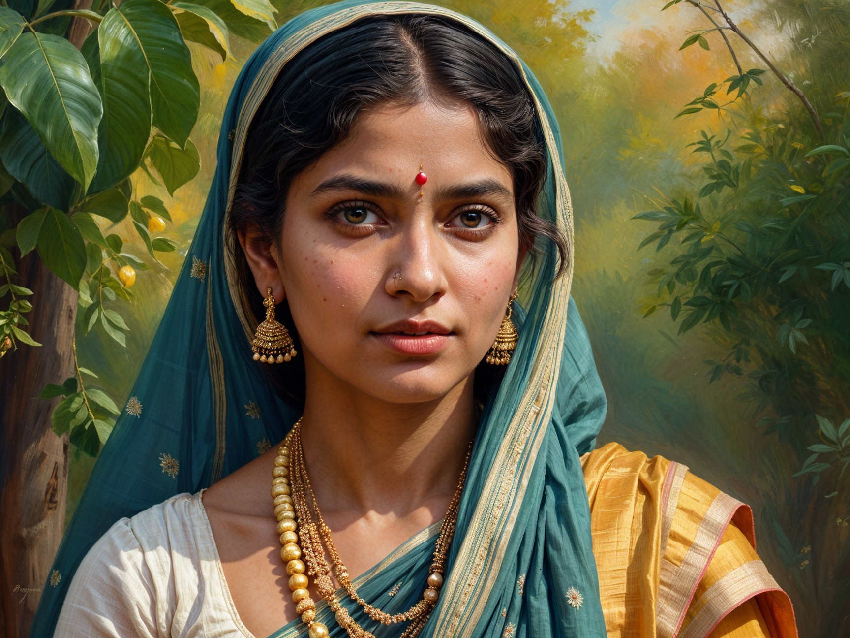Young Woman in Traditional Attire with Serene Backdrop