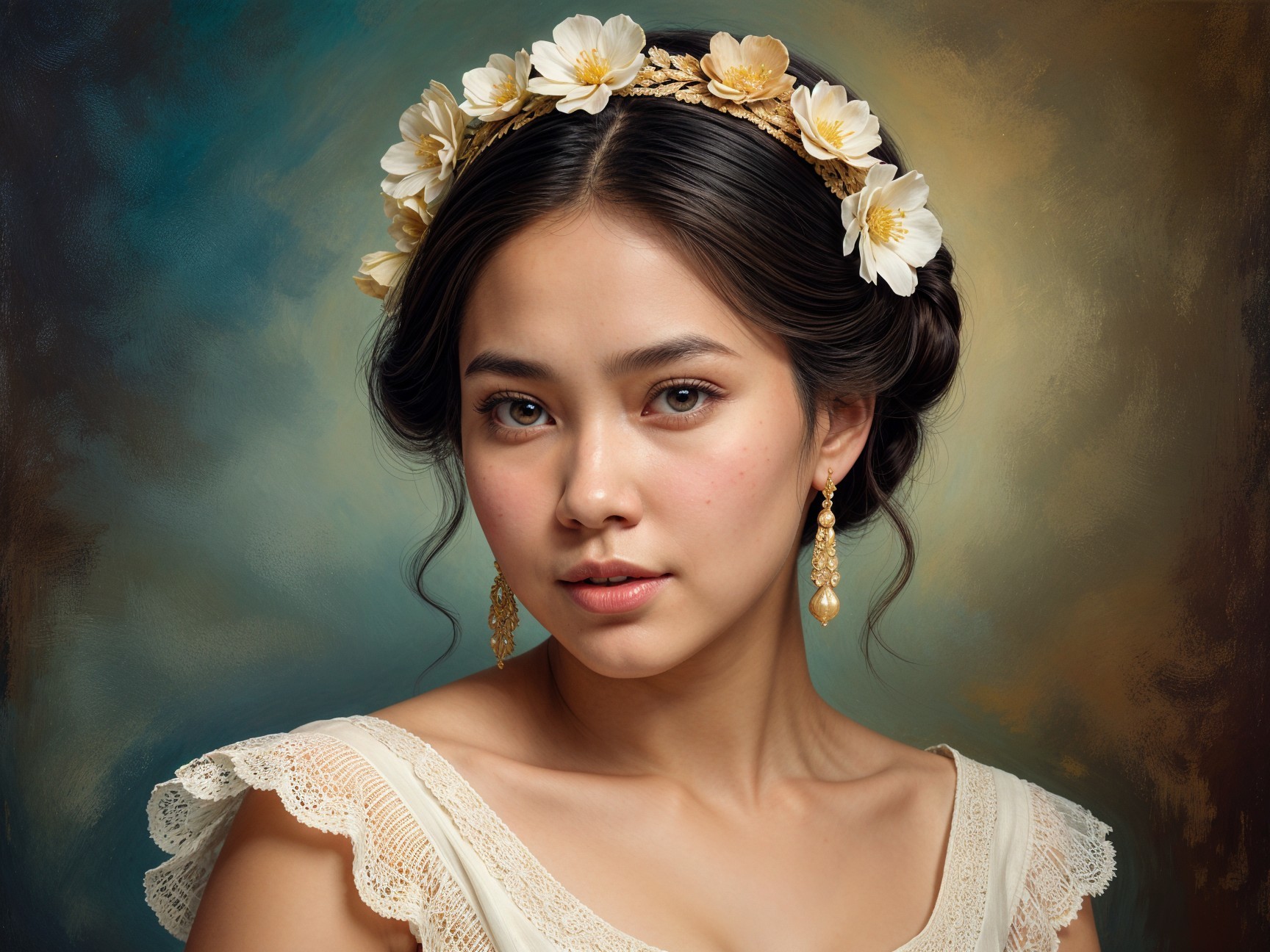 Elegant woman with floral crown and lace top