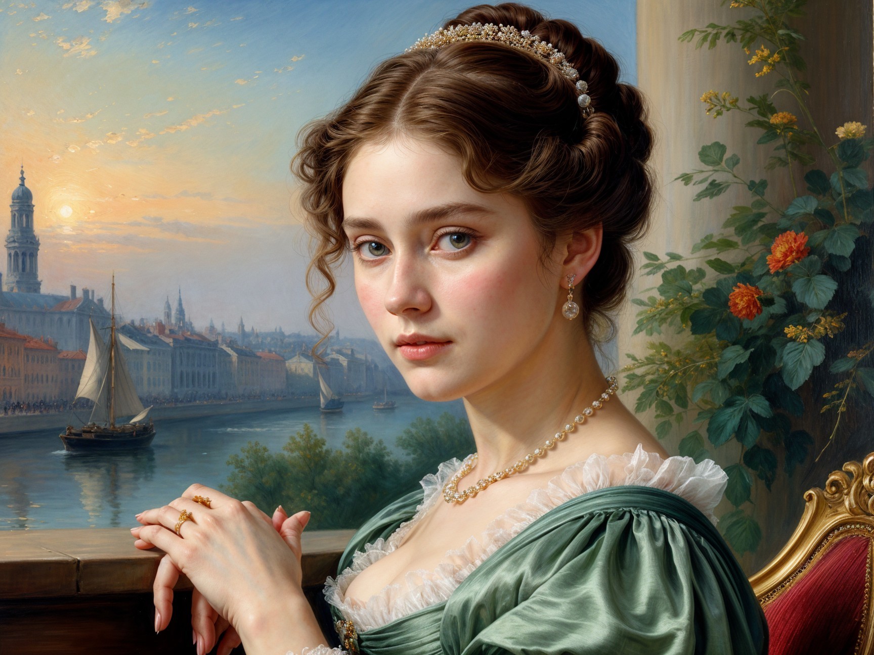 Young Woman in Green Gown by Serene Canal at Sunset