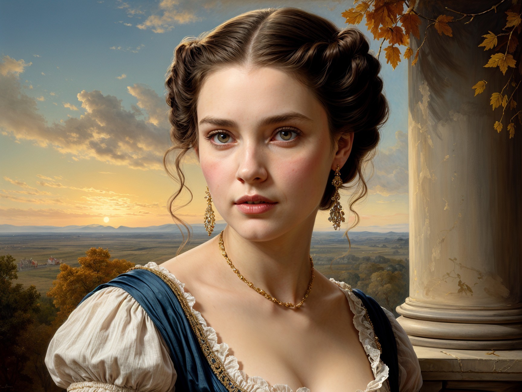 Young woman in historical dress with sunset backdrop