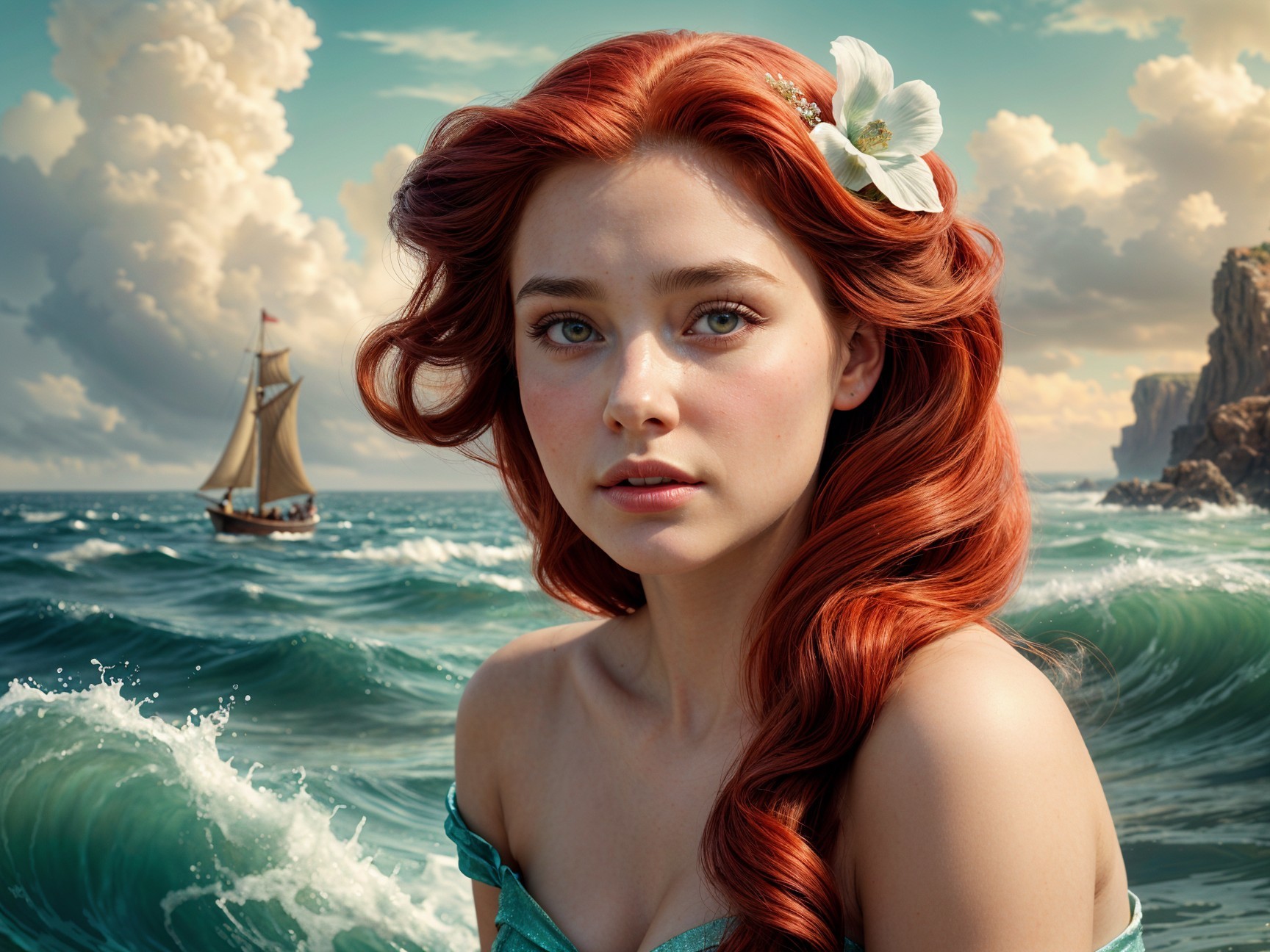 Young woman with red hair by turbulent ocean waters