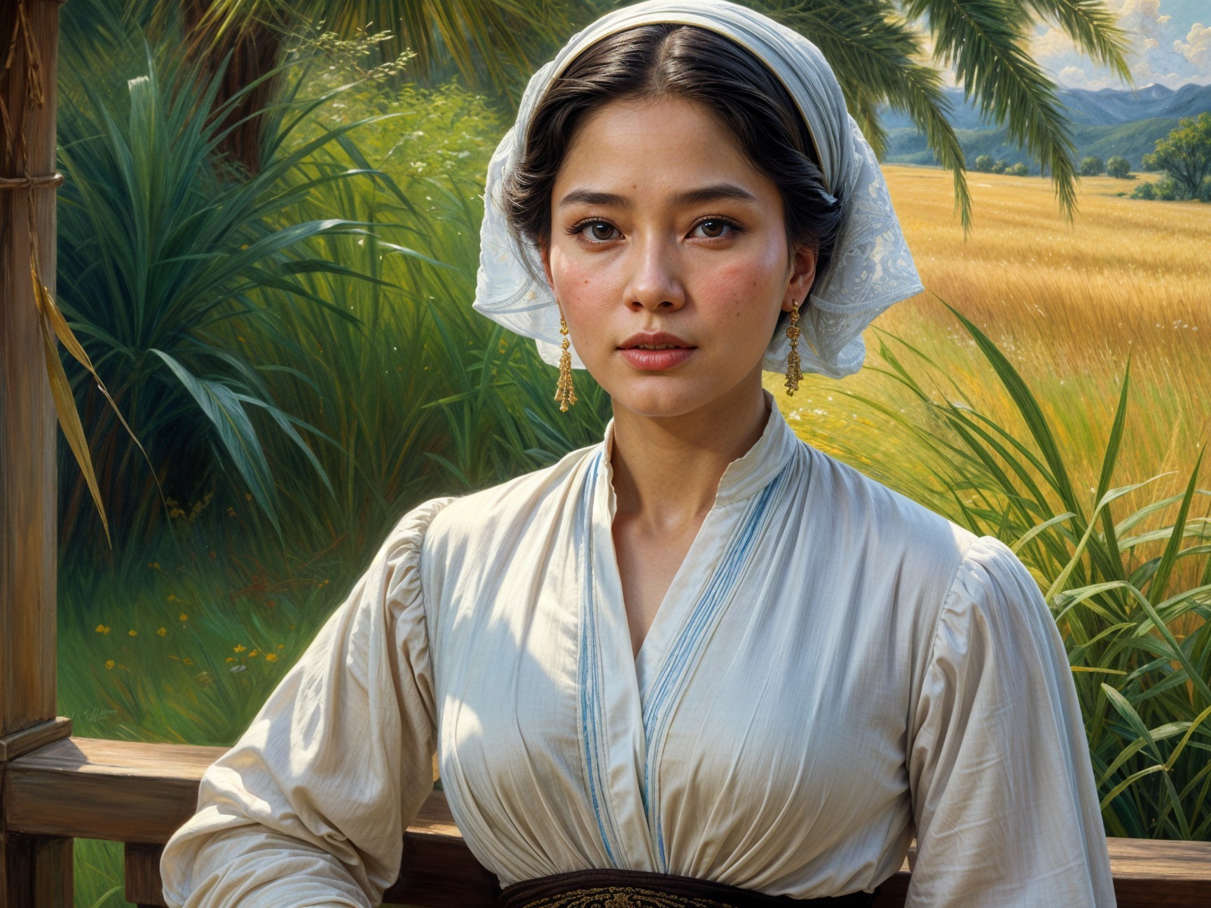 Young Woman in Traditional Attire with Pastoral Background