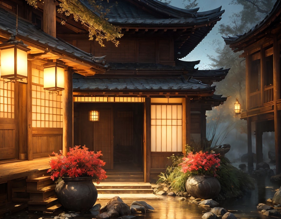 Traditional Japanese House with Lanterns in Nature