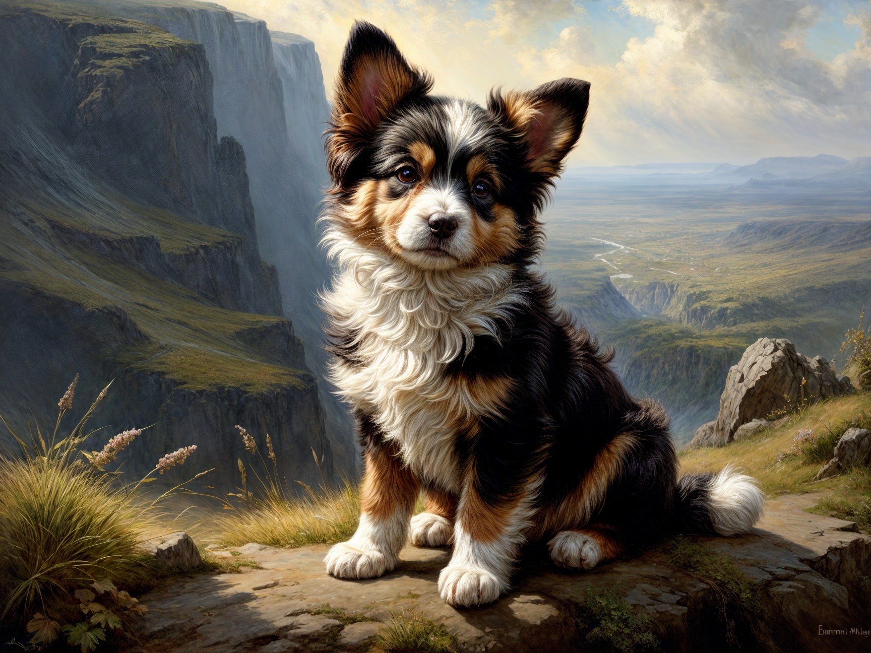 Fluffy Tri-Colored Puppy on Rocky Ledge Overlooking Landscape
