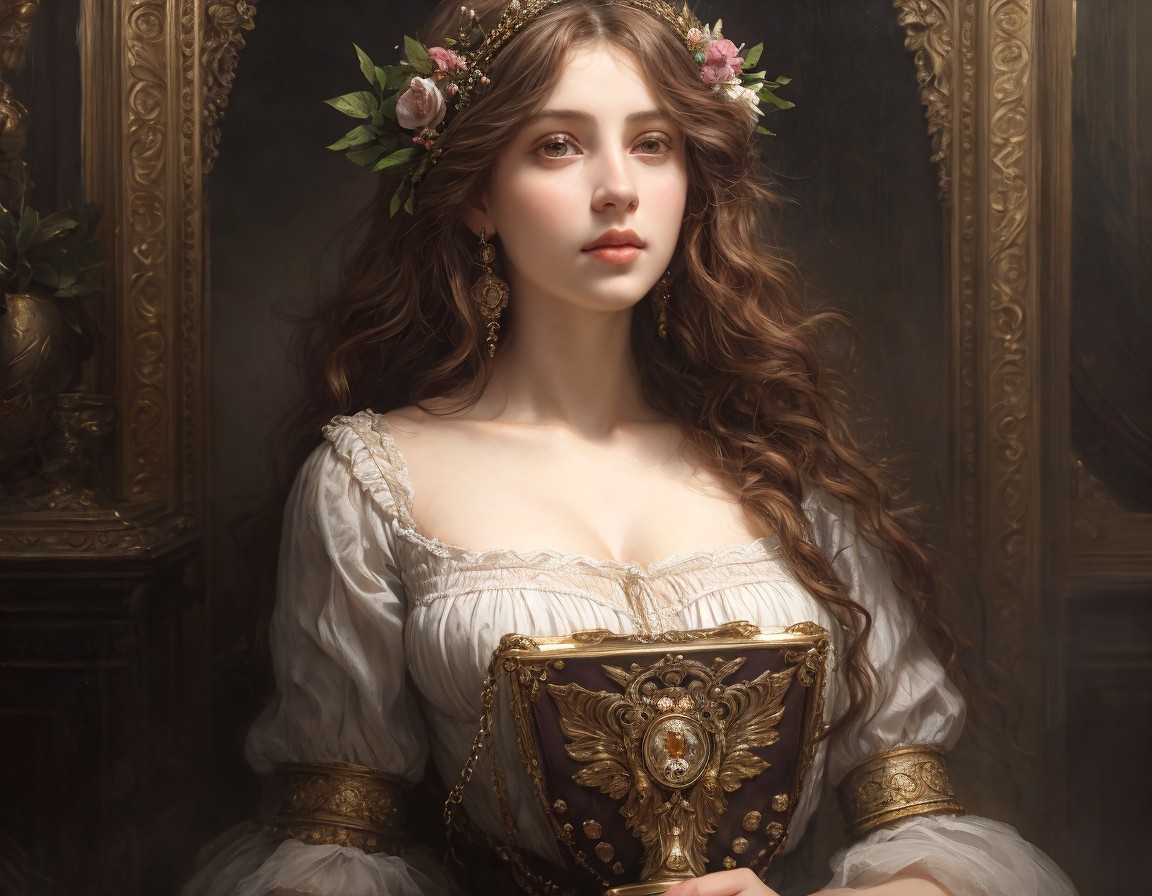 Portrait of a Young Woman in Floral Crown and Dress
