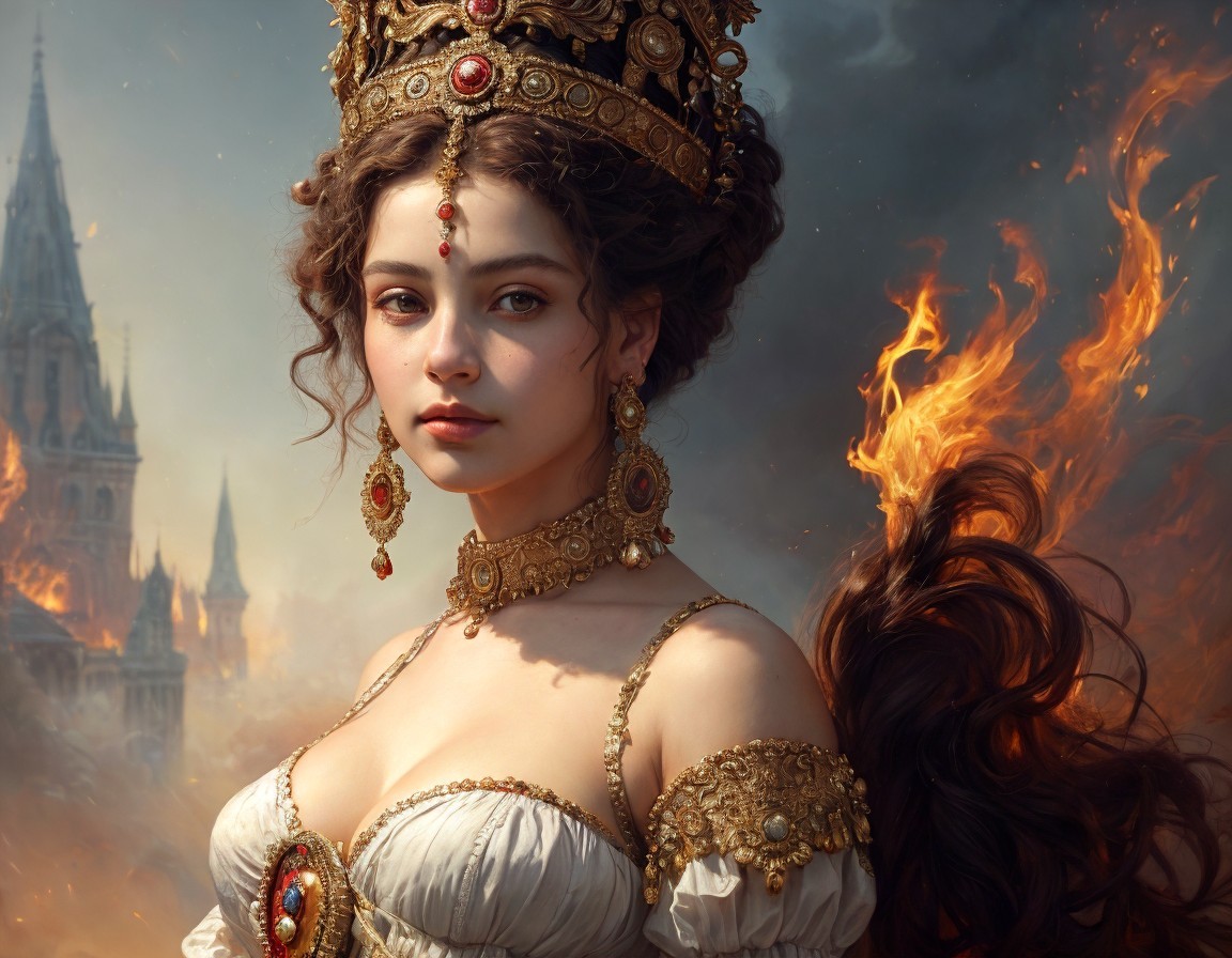 Regal woman with gold crown and ornate jewelry in fiery castle backdrop
