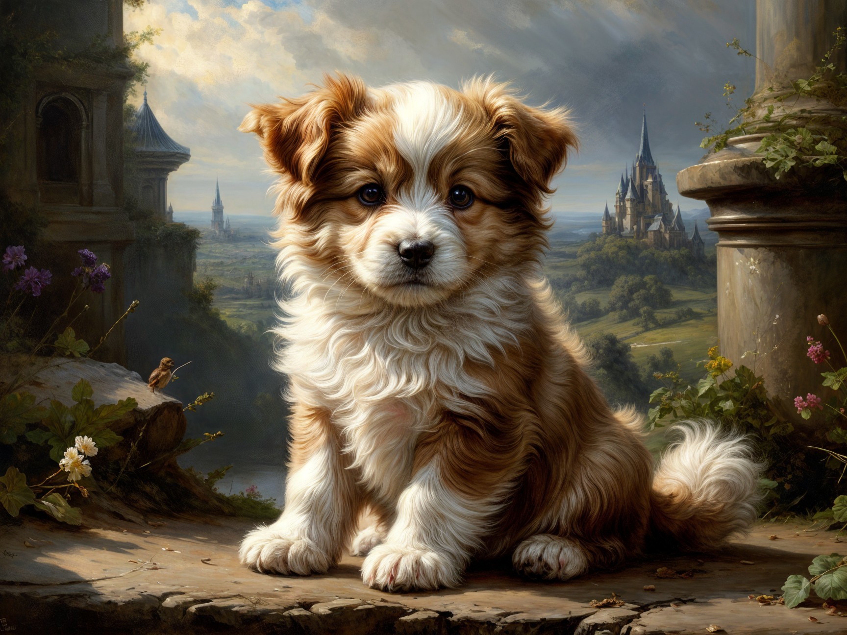 Fluffy Puppy on Stone Ledge with Scenic Landscape