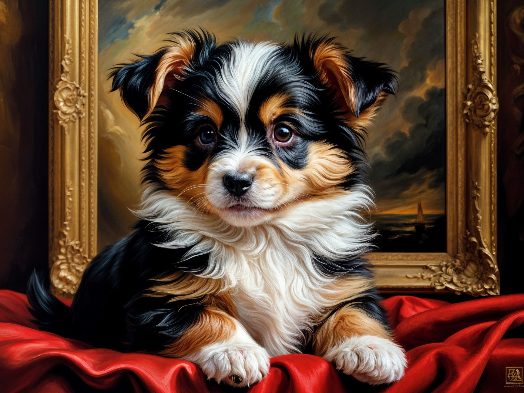 Puppy on Red Fabric with Elegant Golden Frame
