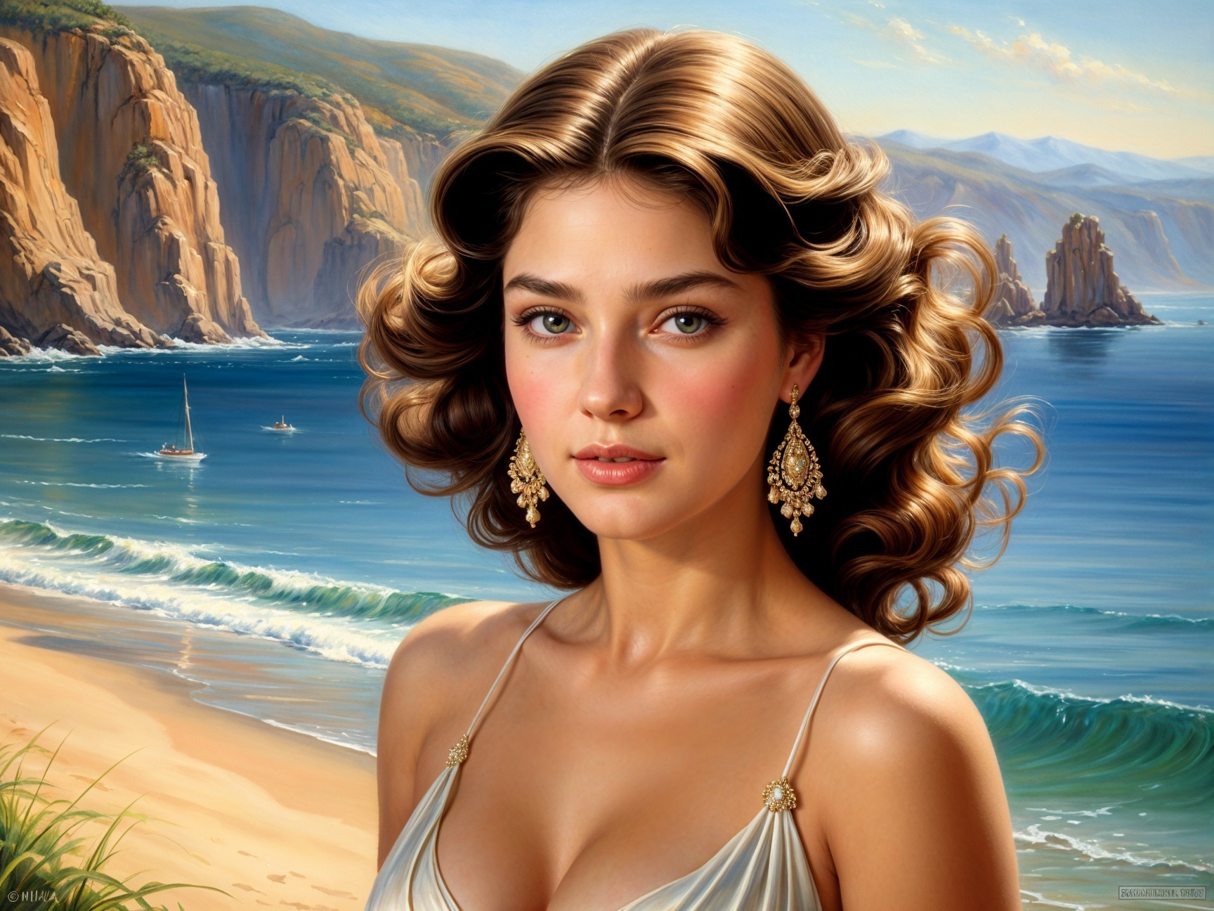 Young woman with wavy hair at a coastal backdrop