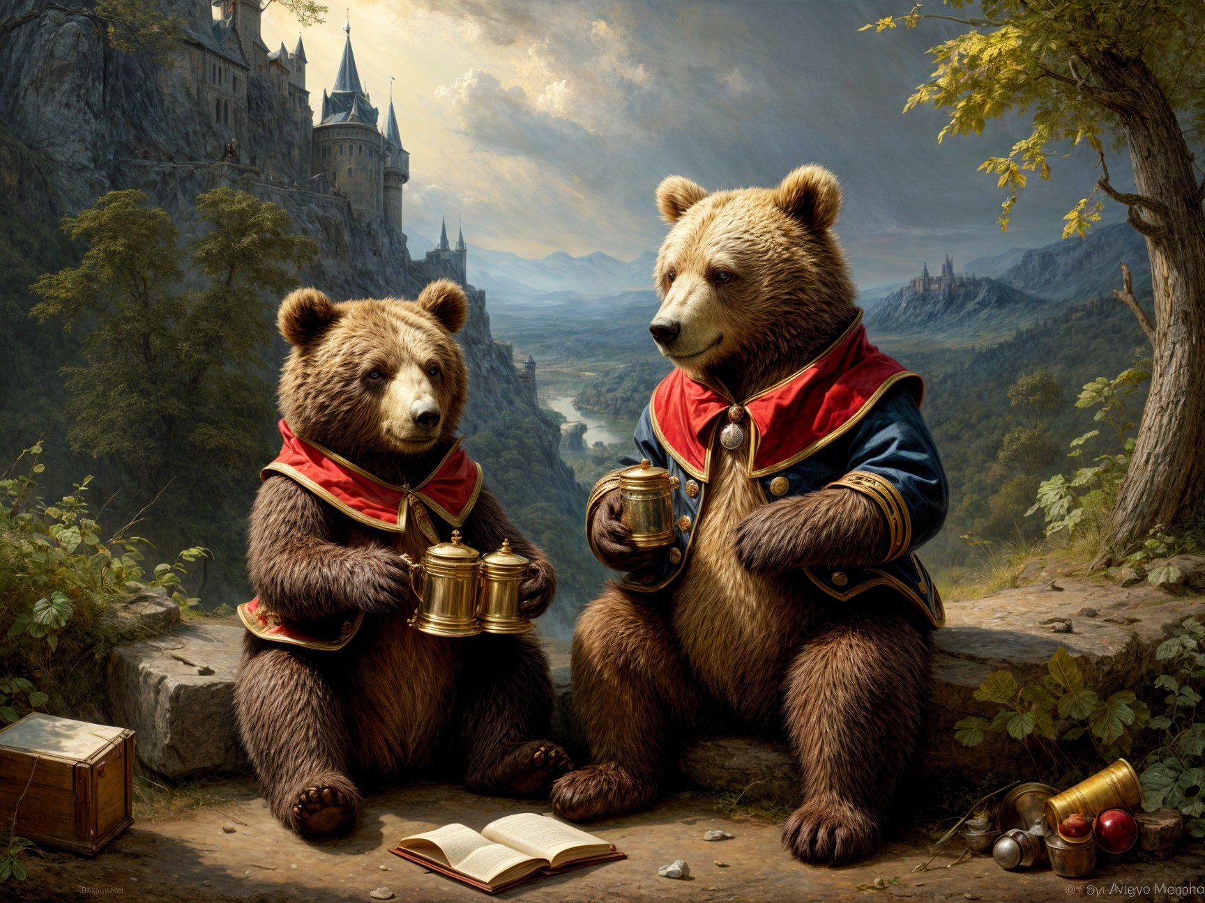Bears in Red Cloaks Enjoying a Scenic Castle View