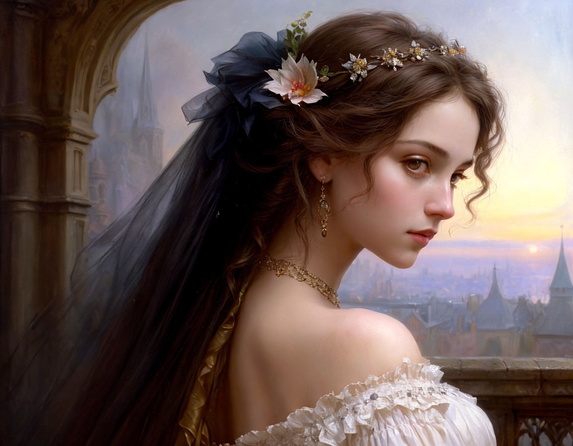 Young woman in floral headband at sunset cityscape