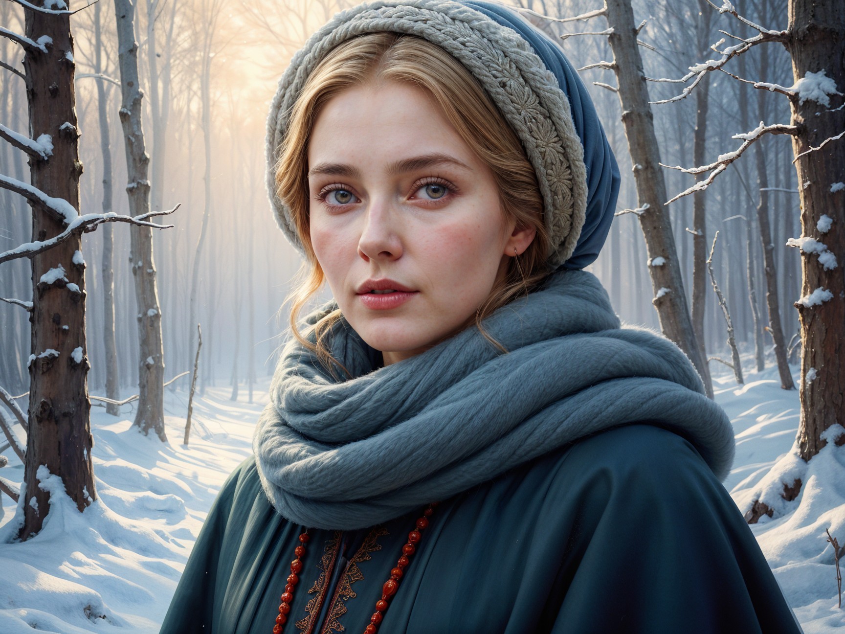 Young Woman in Snowy Forest with Elegant Attire