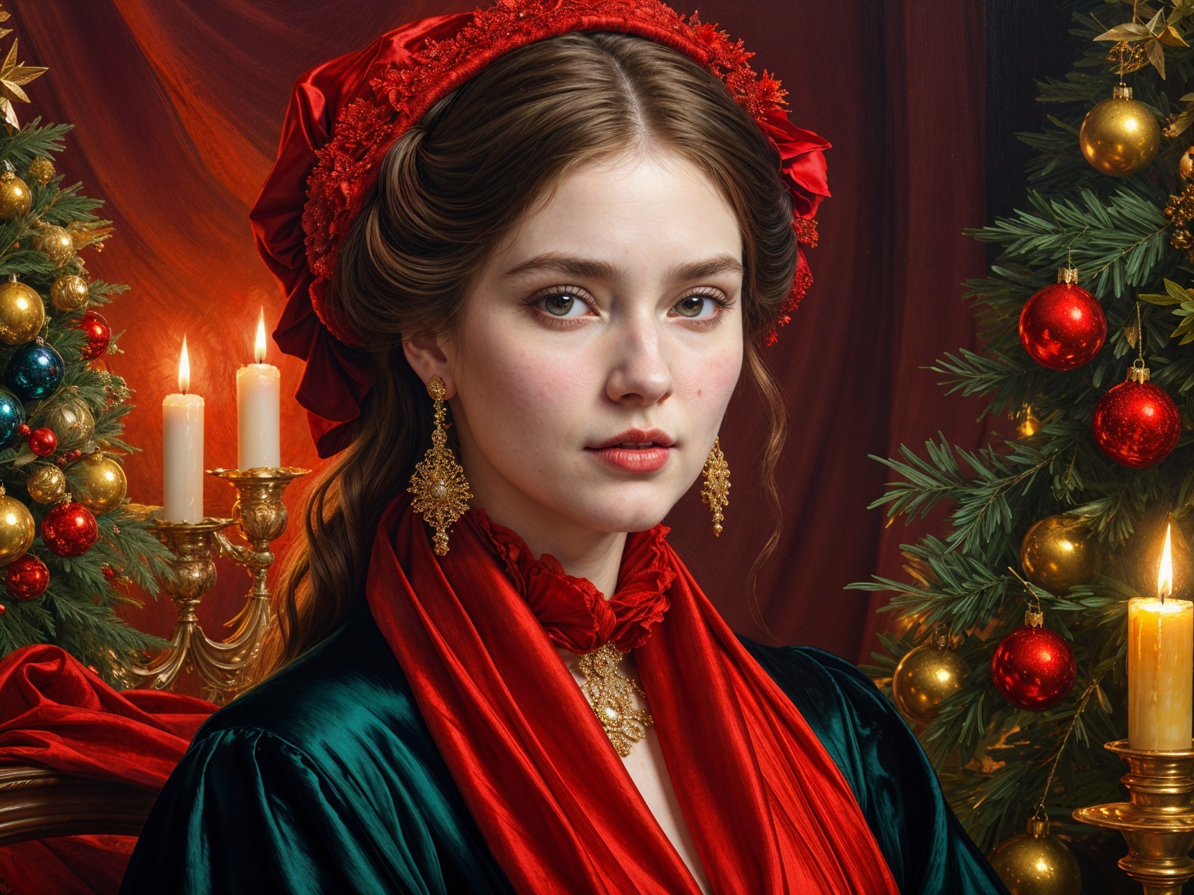 Elegant Woman in Dark Green Attire at Holiday Setting