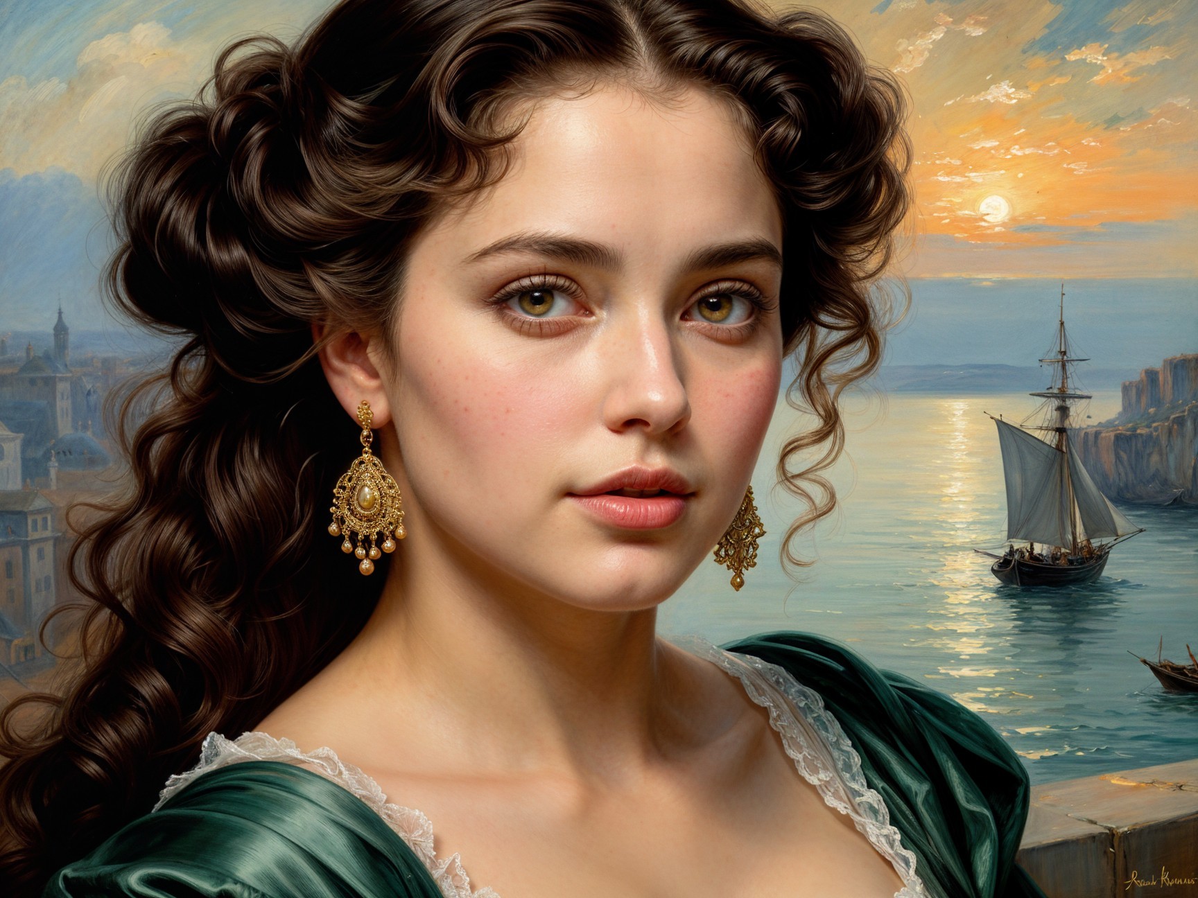 Young woman in green gown by sunset seascape