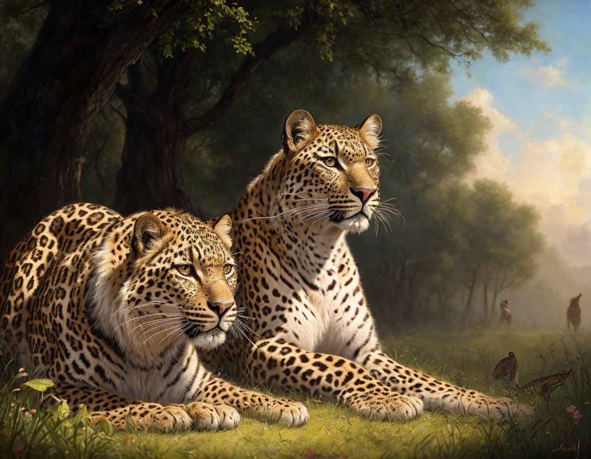 Leopards resting in sunlit forest with birds.
