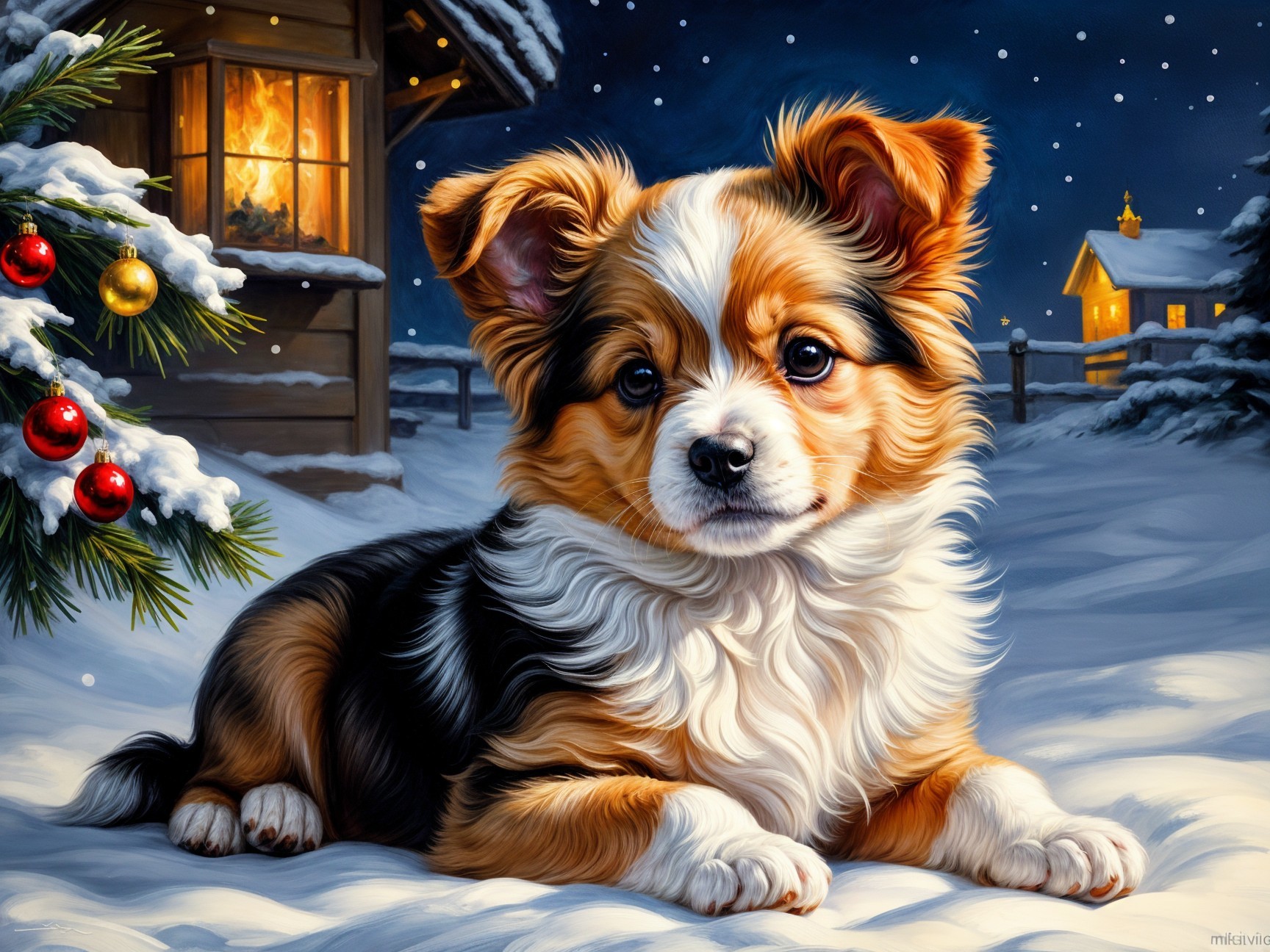 Puppy in Snowy Landscape with Cozy Cabin Background