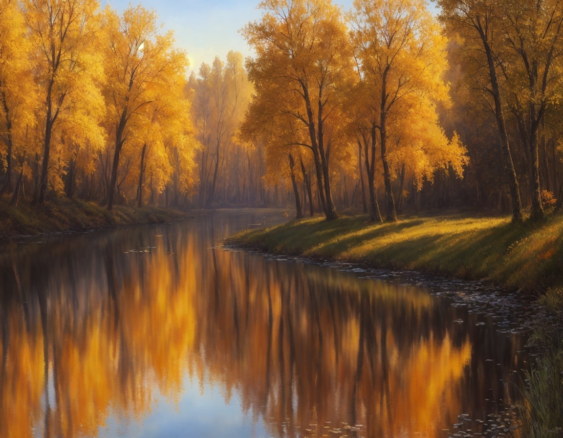 Tranquil autumn scene: golden trees mirrored in calm river.