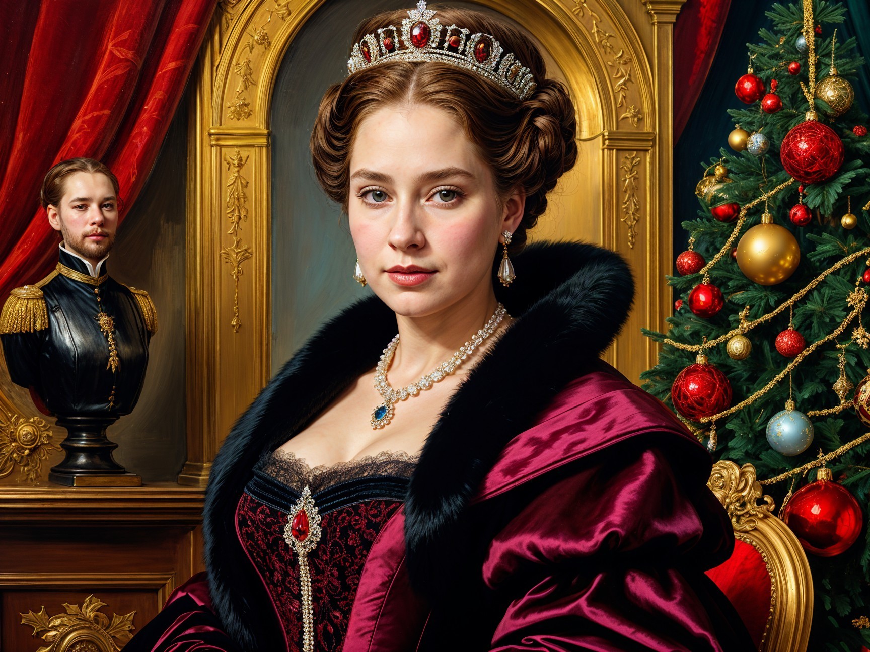Regal Woman in Crimson Gown with Christmas Decor