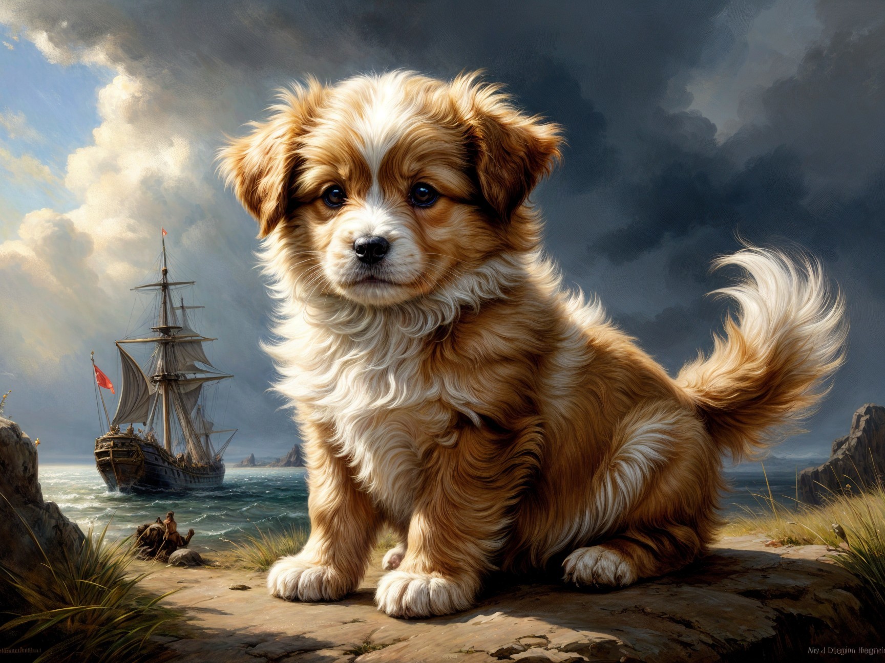 Fluffy Puppy on Rocky Shoreline with Stormy Sky