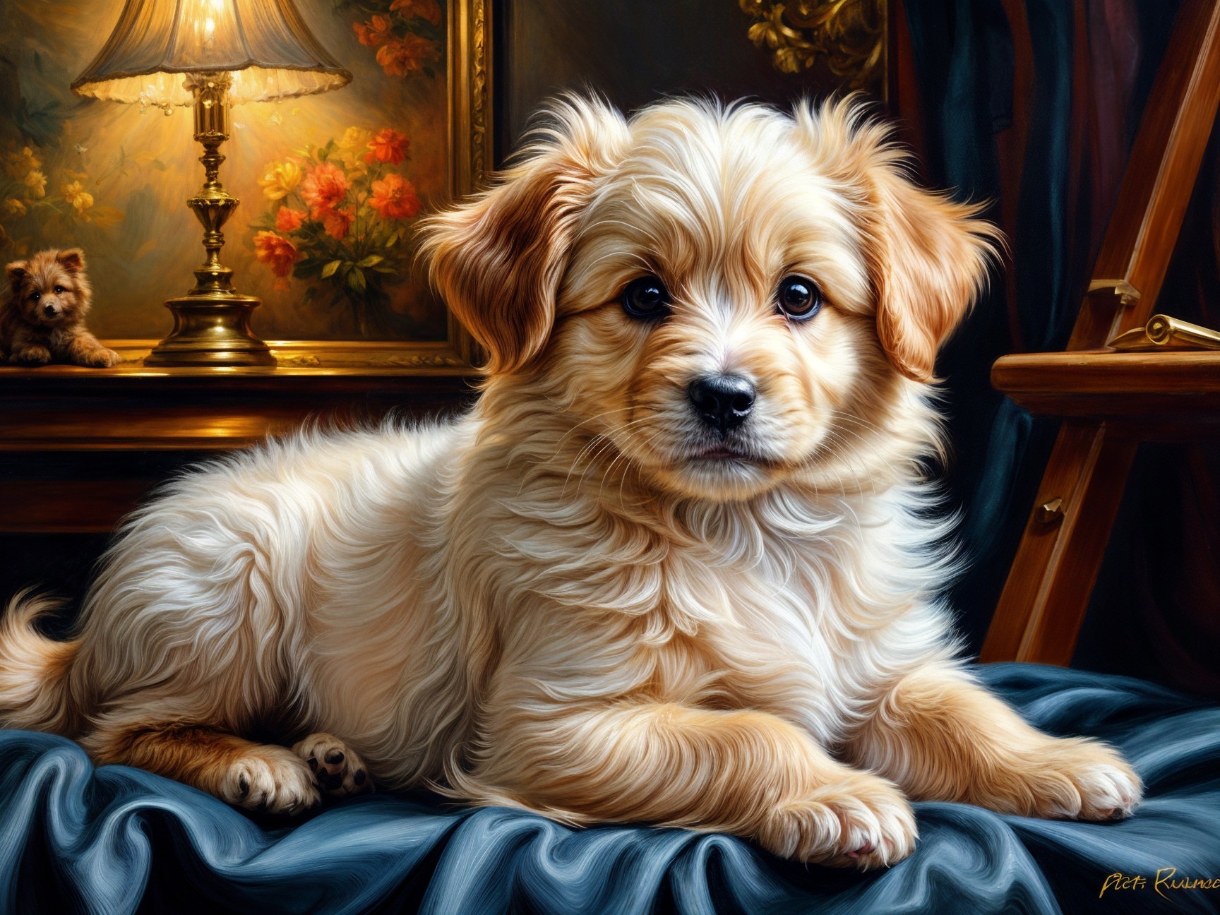 Fluffy Light-Colored Puppy on Plush Blue Surface