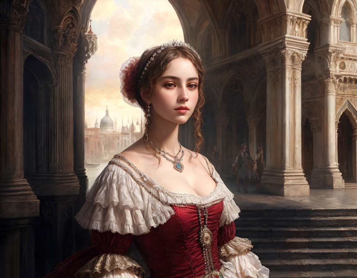 Young woman in red and white historical dress with ornate accessories in Venetian-style city portrait.