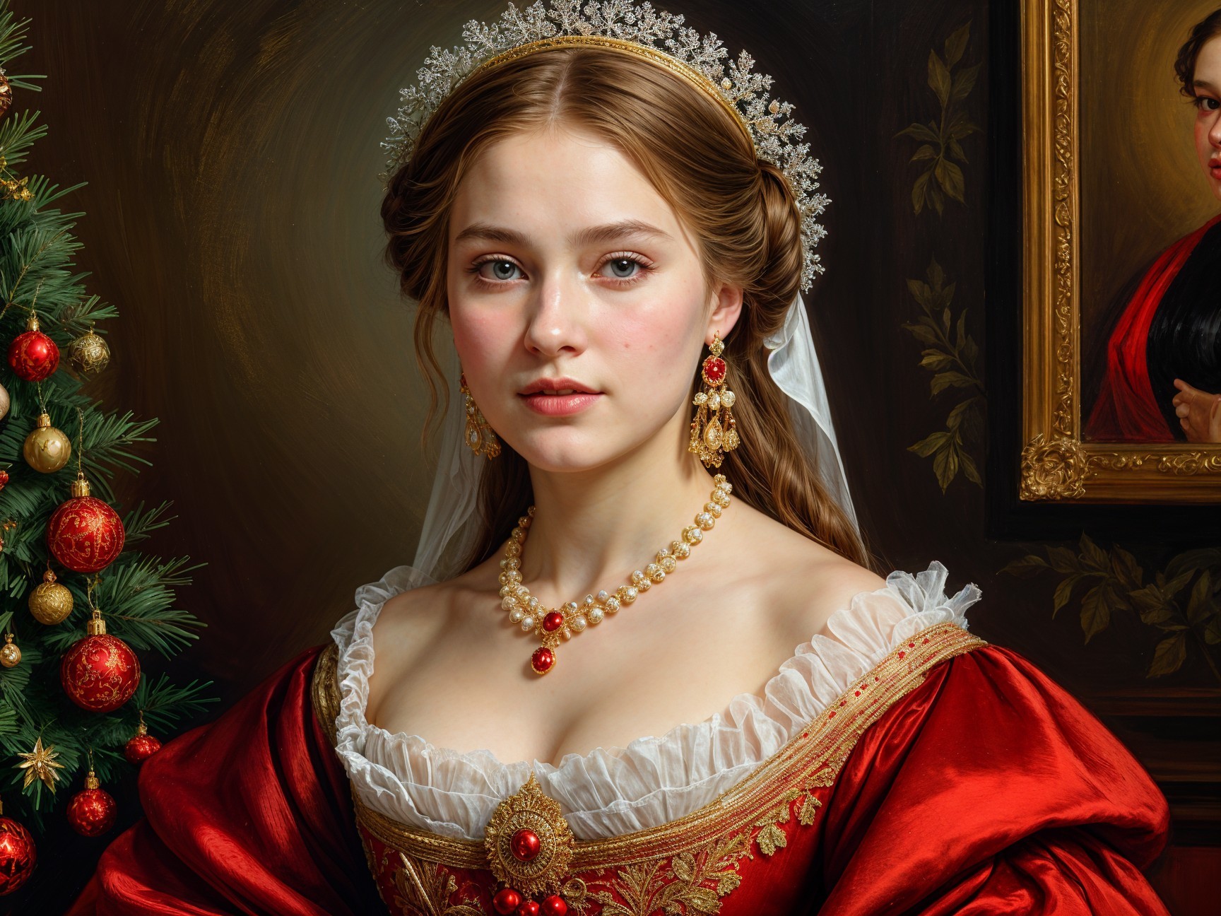 Young woman in red gown with festive Christmas backdrop