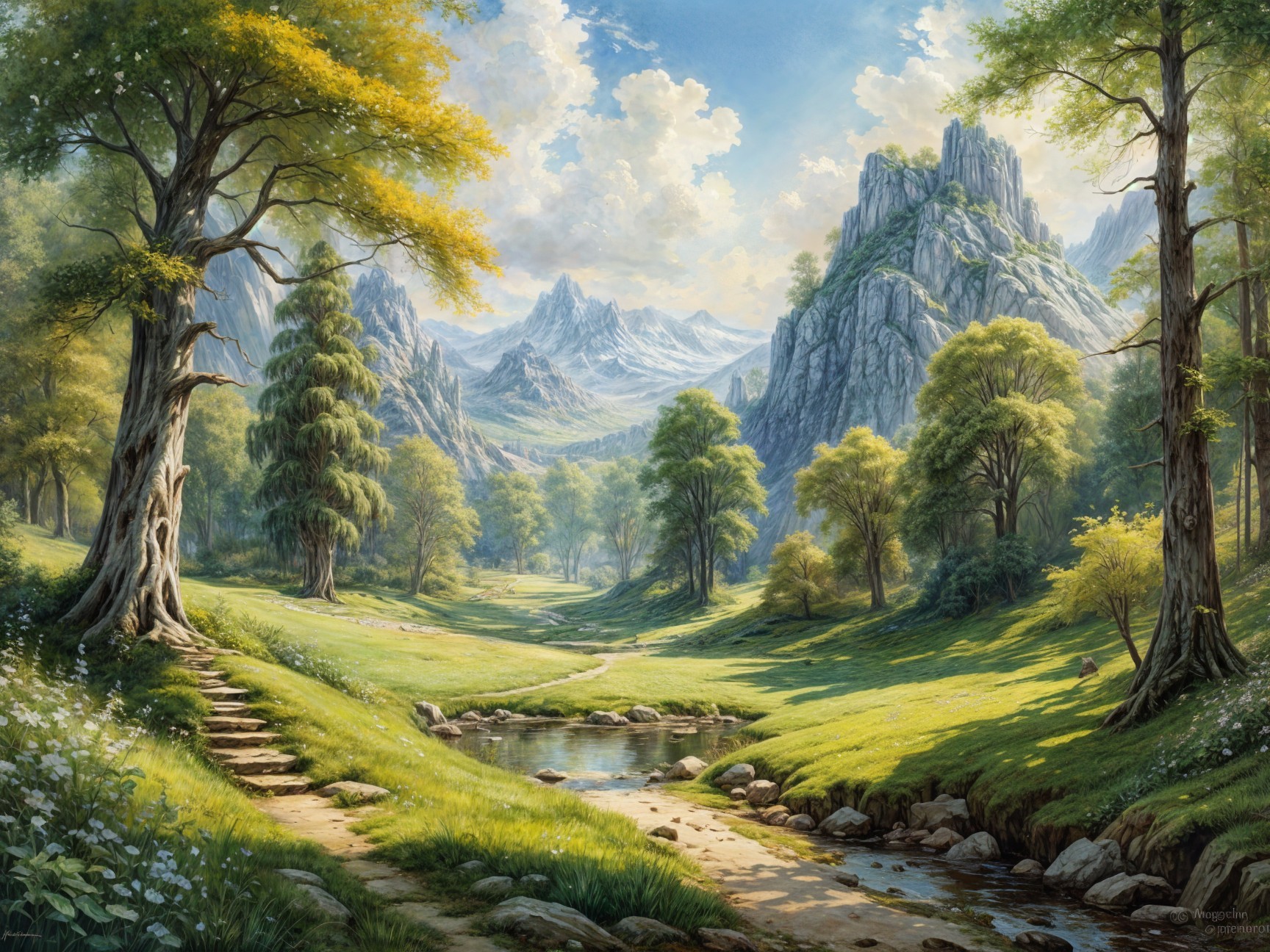 Serene Landscape with Green Meadows and Mountains