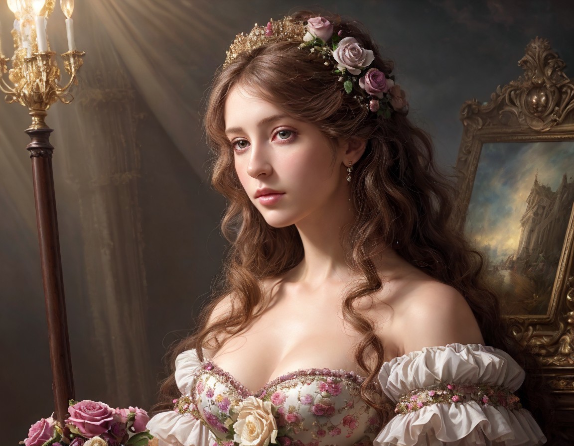 Woman in floral crown and period dress near candelabra and painting