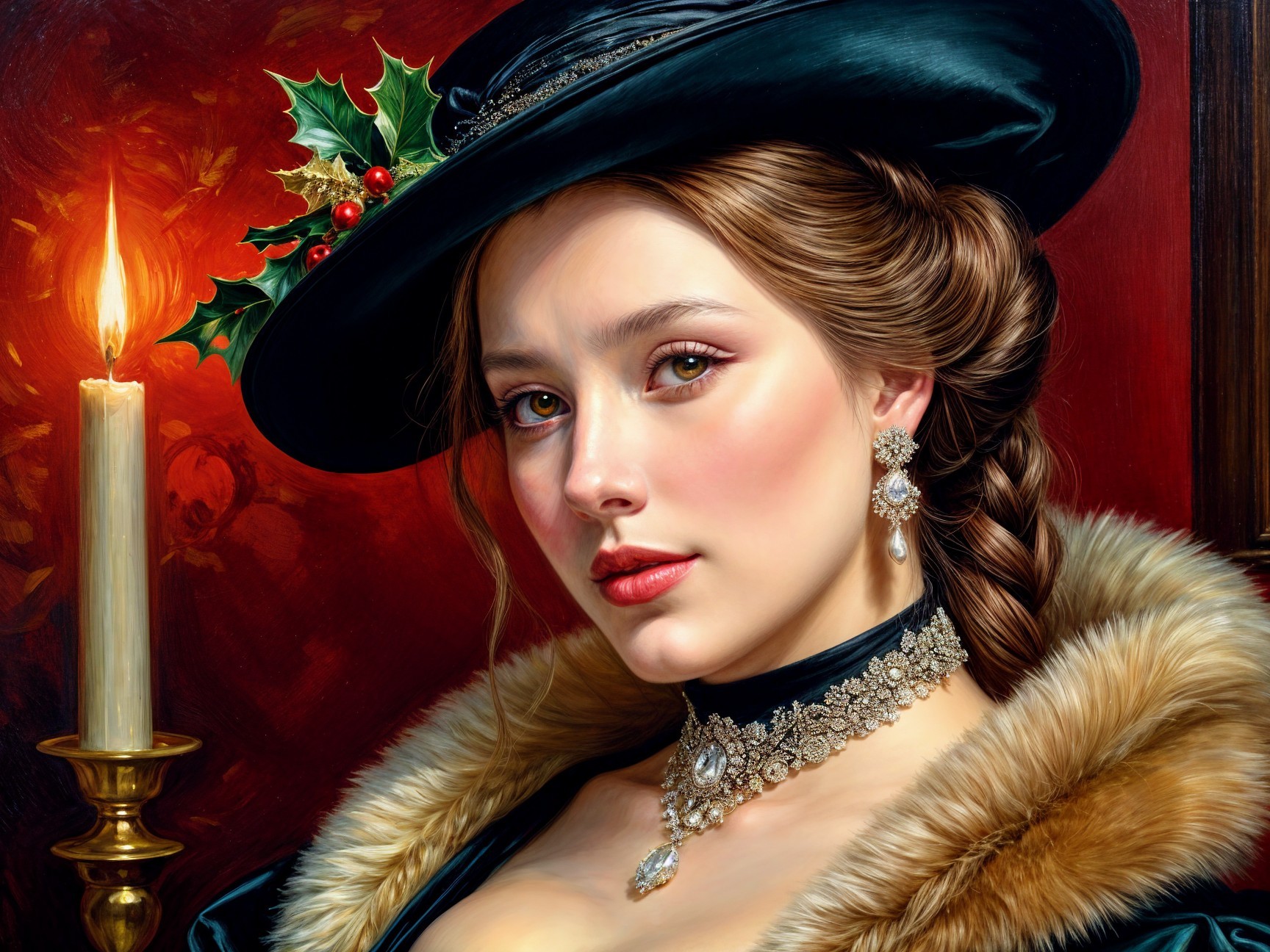 Elegant Woman in Fur Coat with Festive Accessories