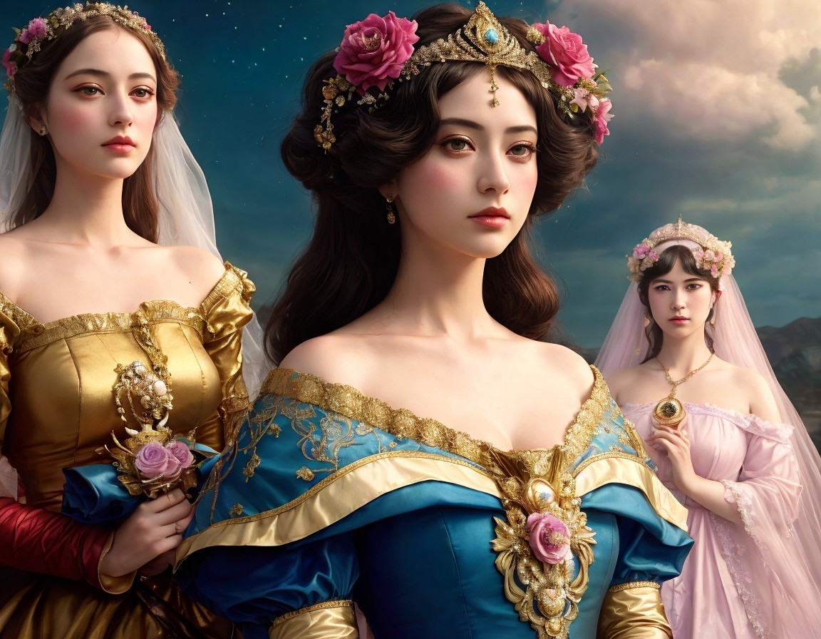 Women in Historical Dresses with Floral Headpieces