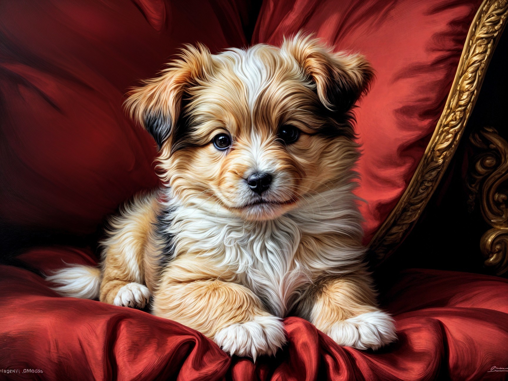 Fluffy Puppy on Red Velvet Cushion with Playful Demeanor