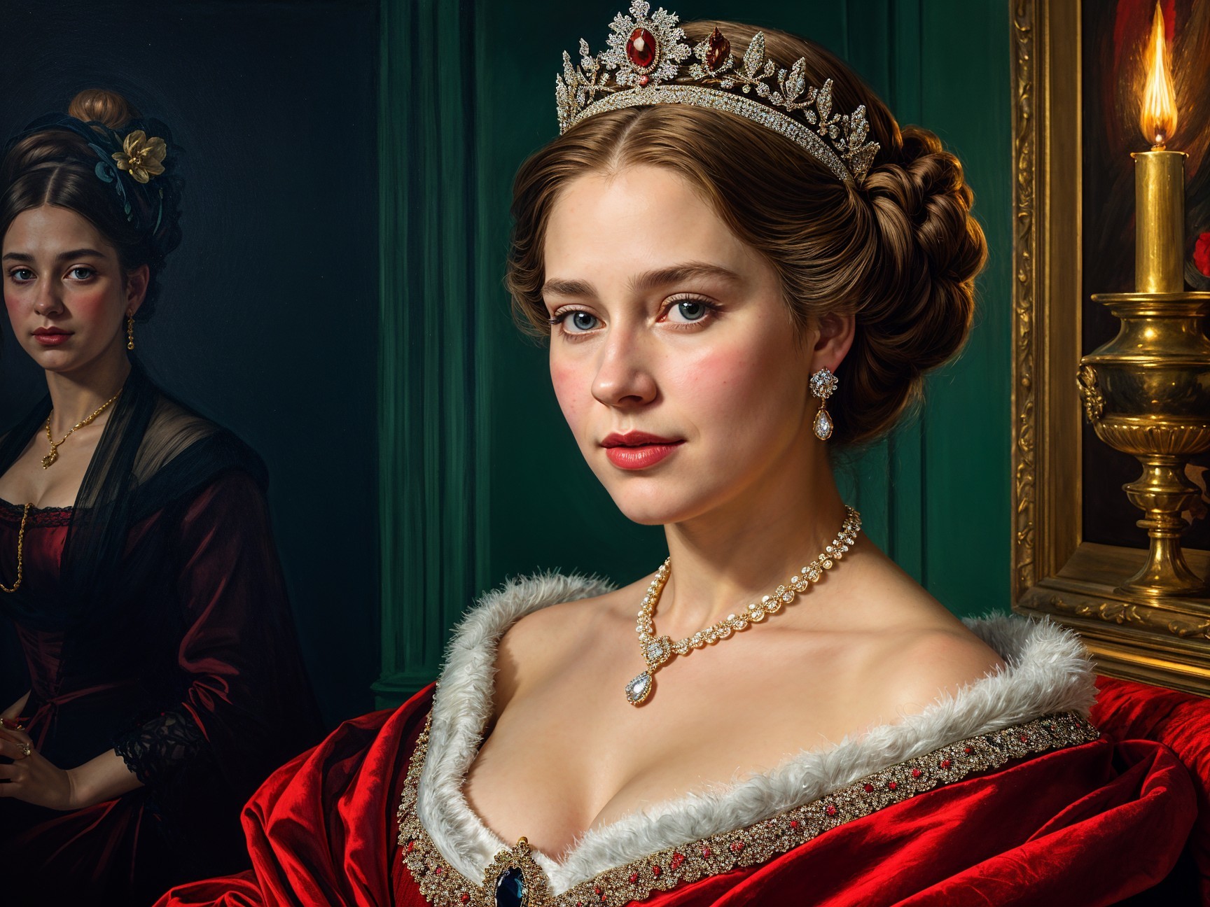 Regal Woman in Red Gown with Candlelight Glow