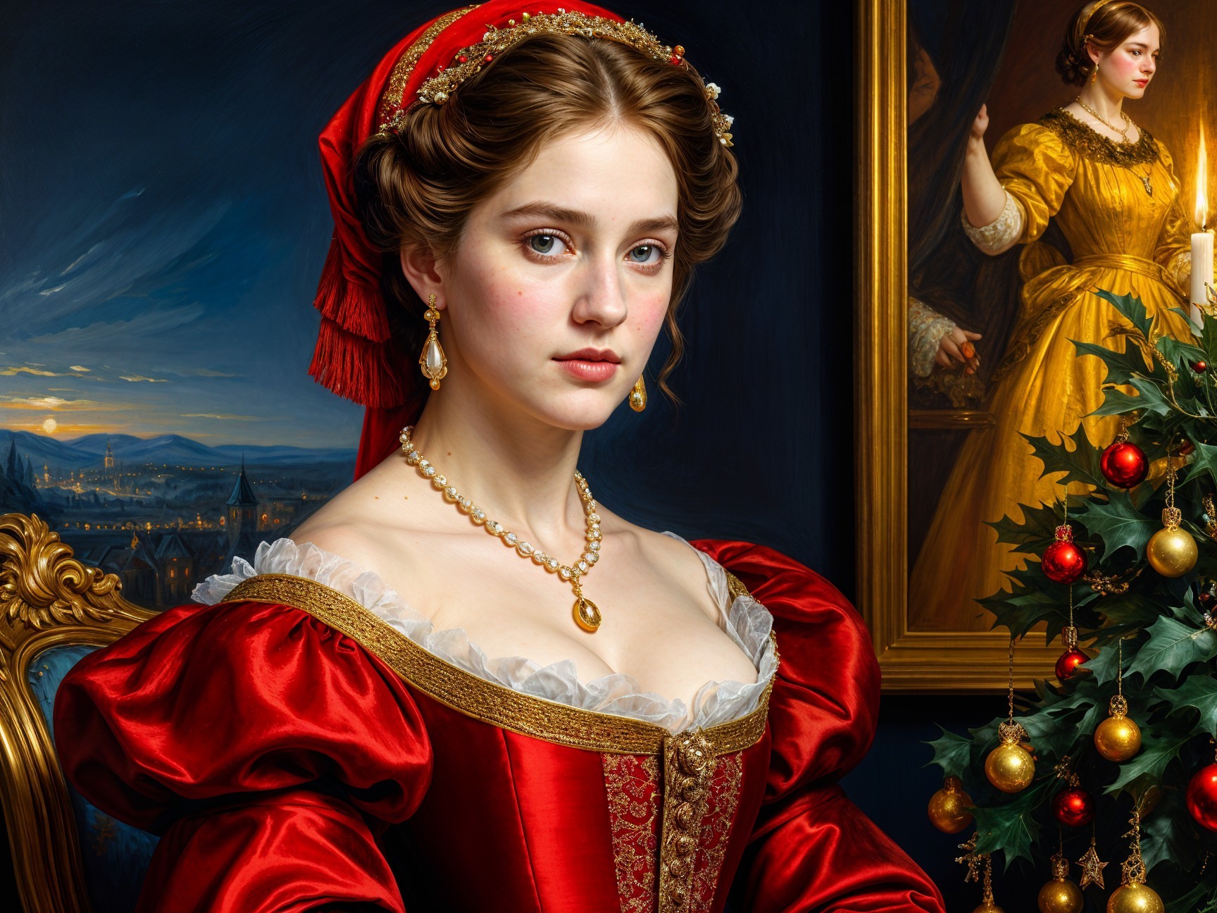Portrait of a Young Woman in a Red Gown and Headpiece