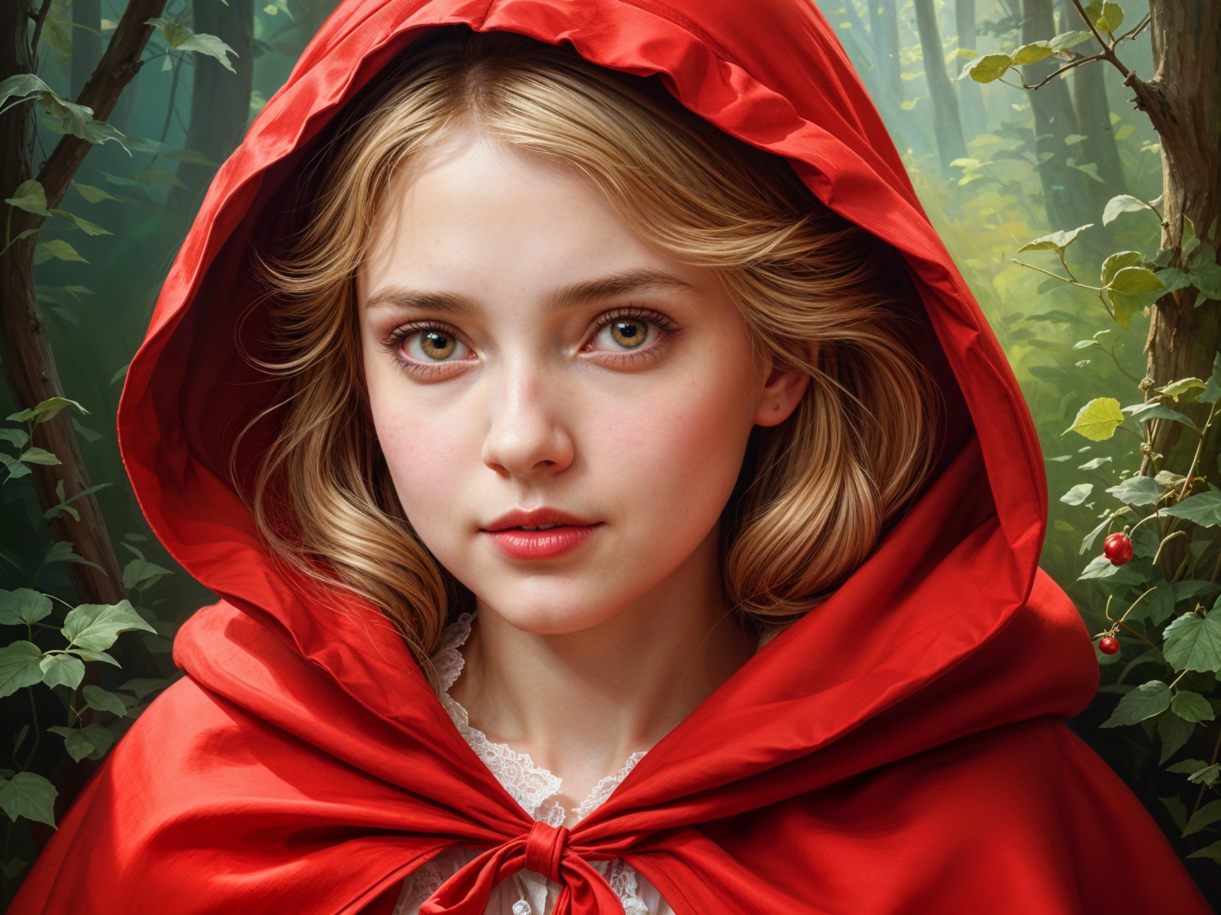 Young girl in red hood amidst lush forest greenery