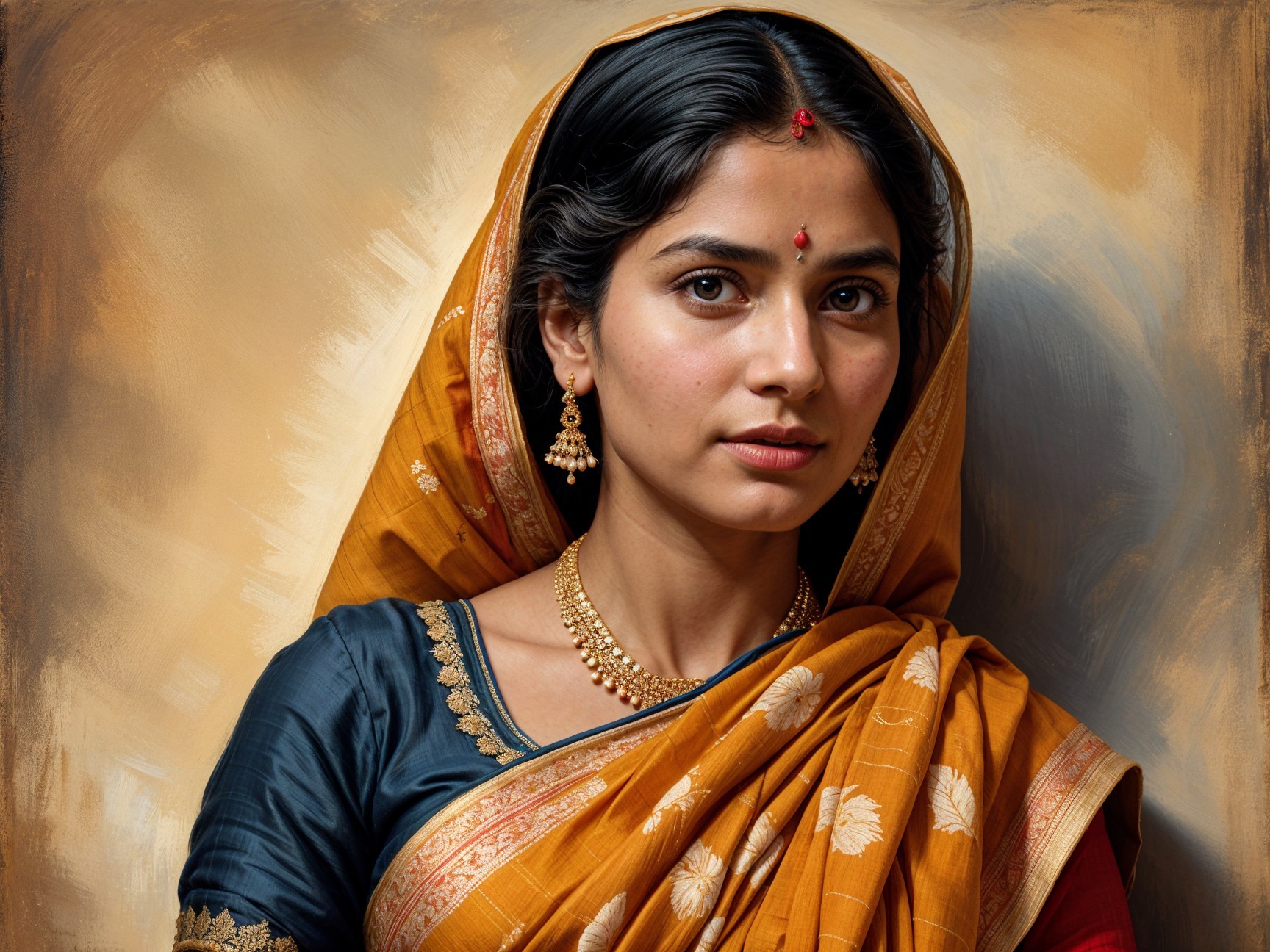 Young woman in vibrant traditional outfit with jewelry