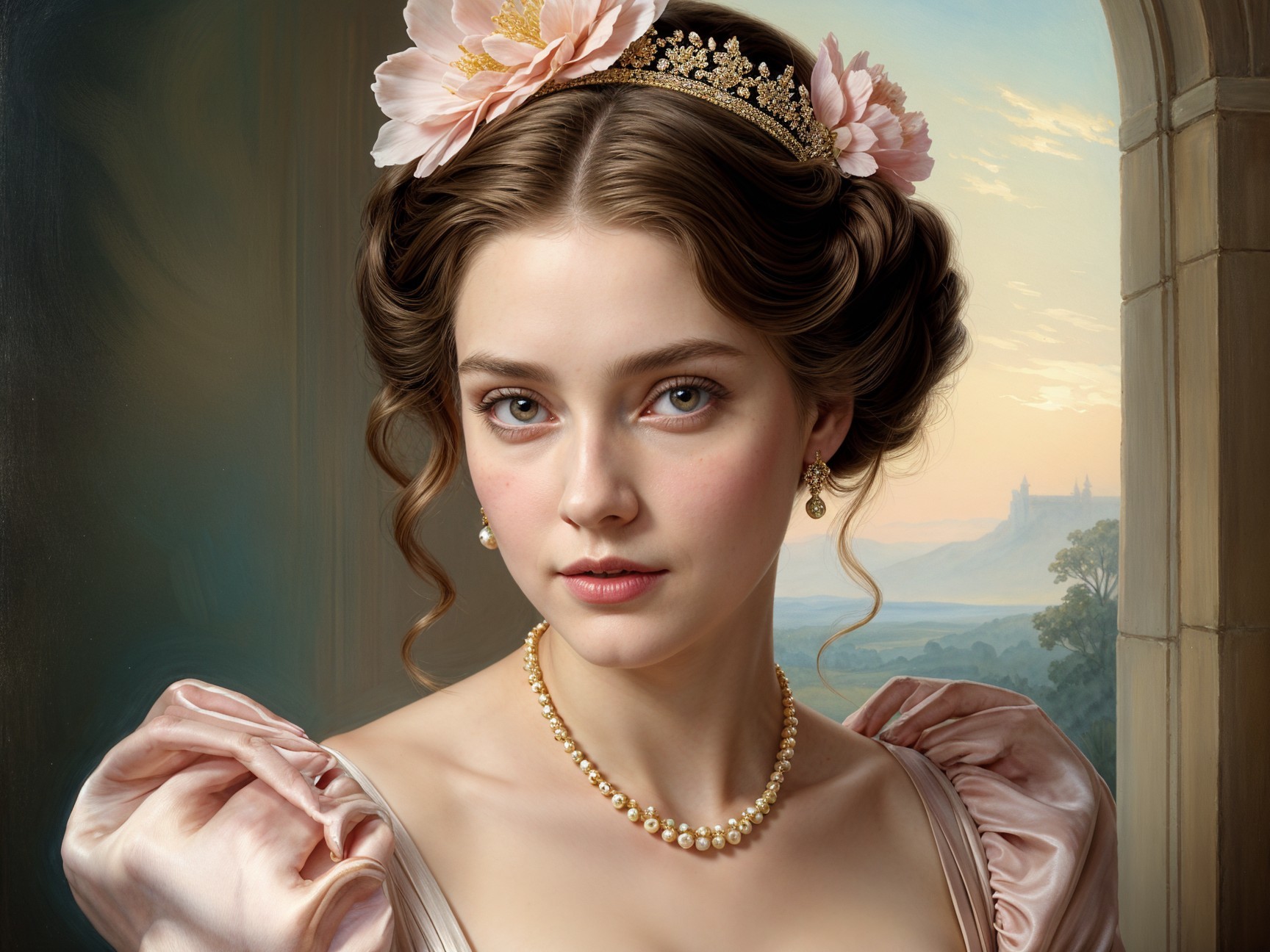Young woman in elegant gown with serene landscape backdrop